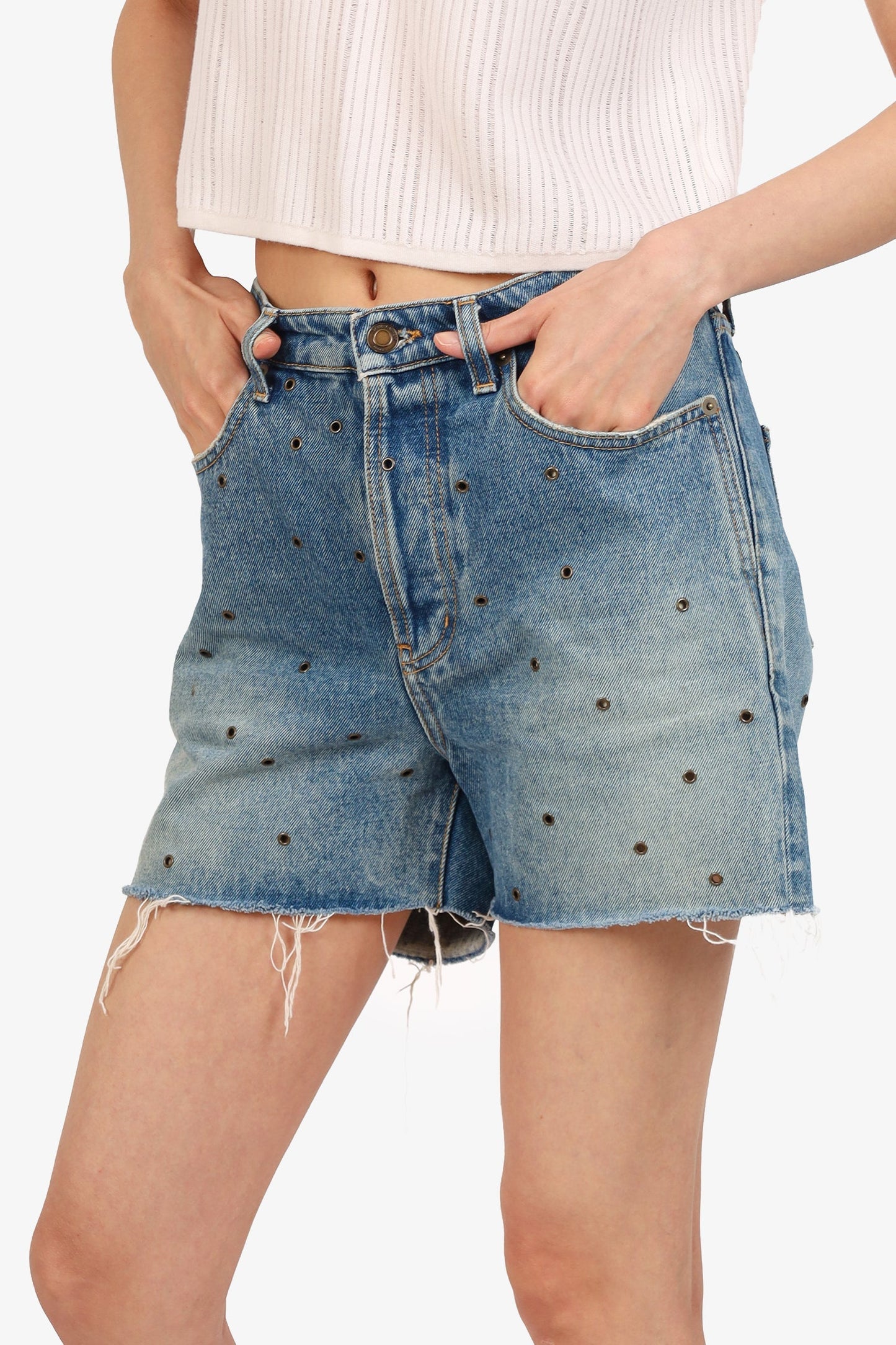 Saint Laurent Blue Eyelet Studded Denim Shorts Size 30