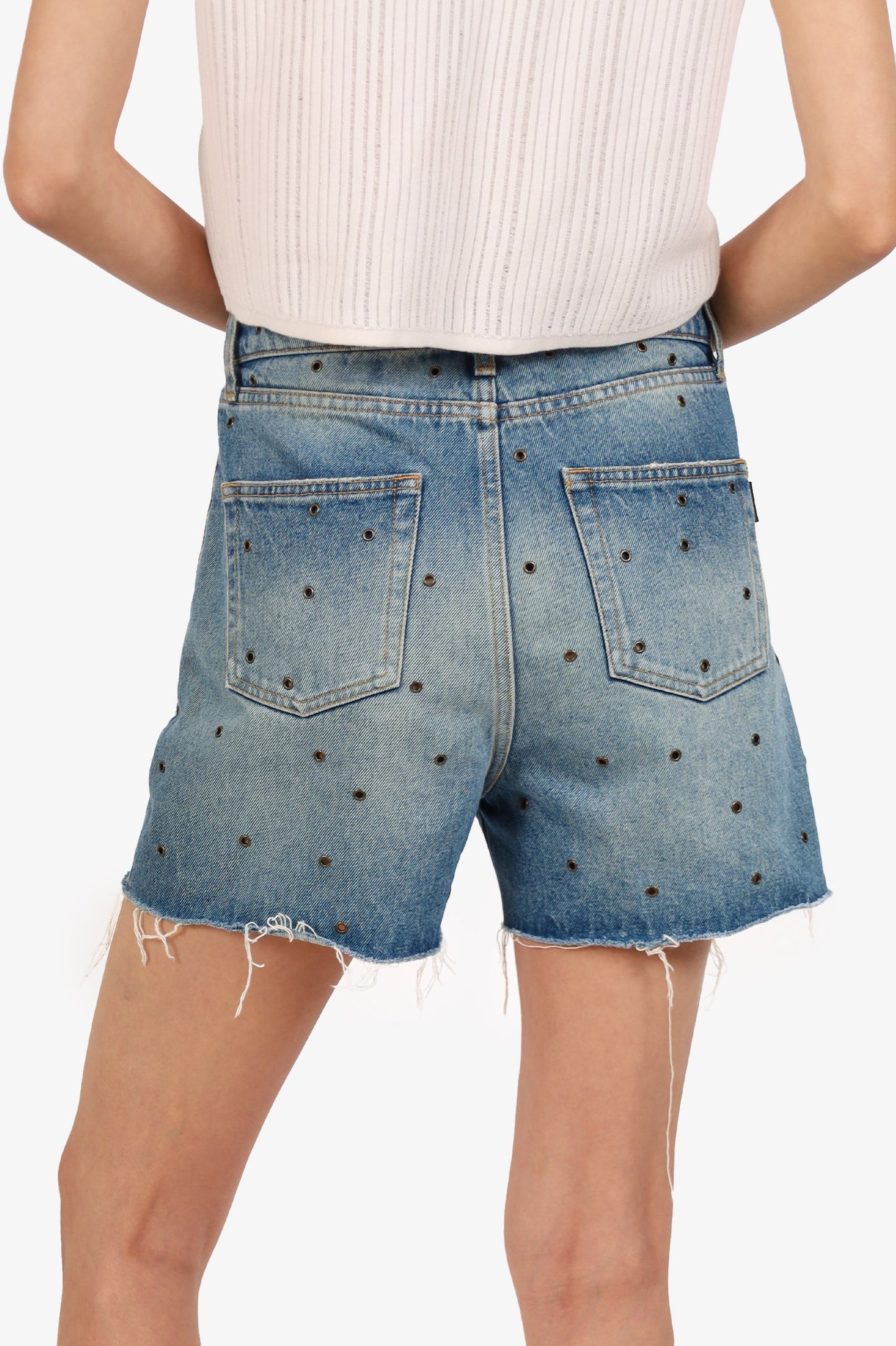 Saint Laurent Blue Eyelet Studded Denim Shorts Size 30