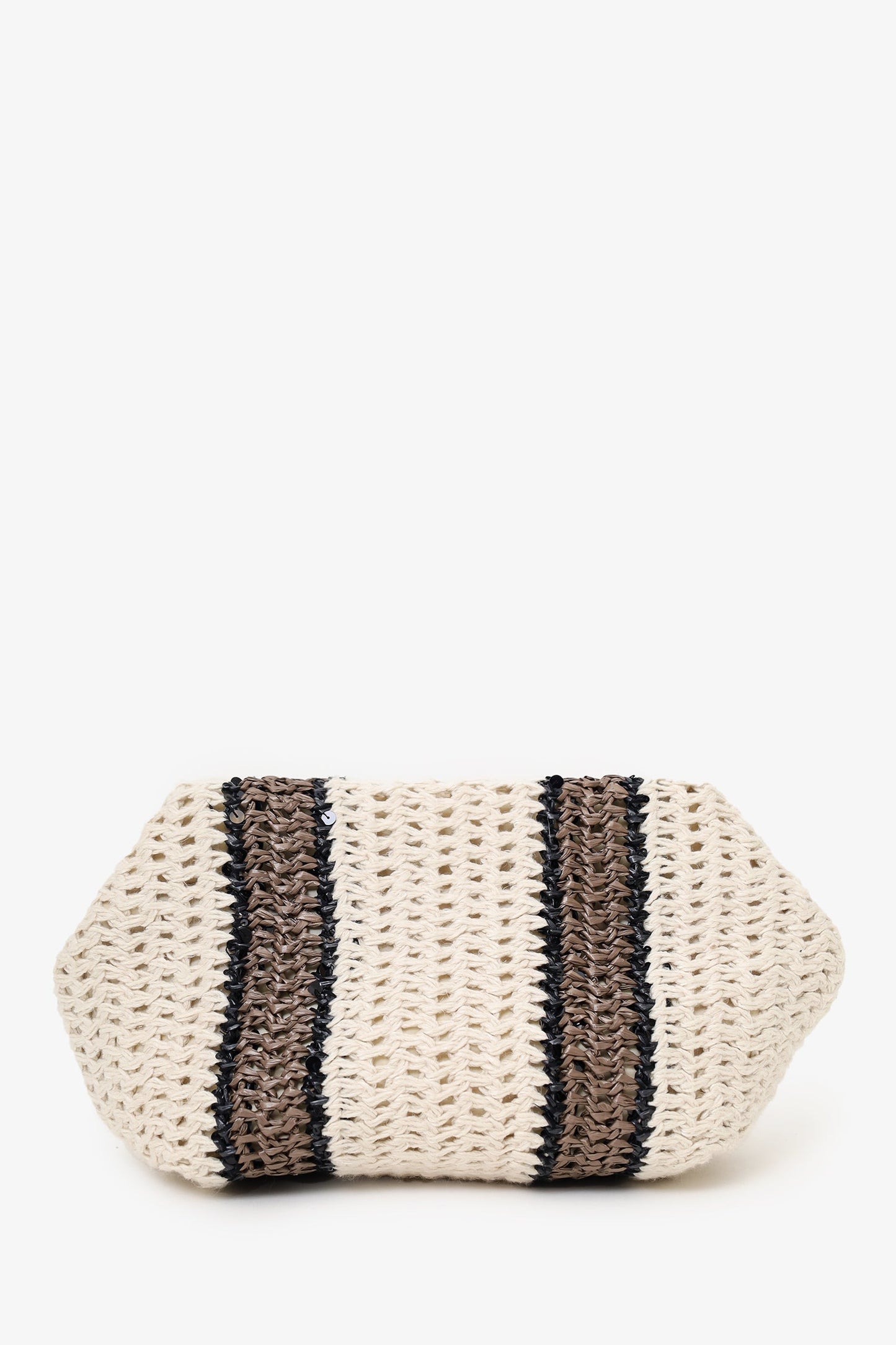 Brunello Cucinelli White/Brown/Black Small Crochet Regimental Straw Effect Pouch with Strap