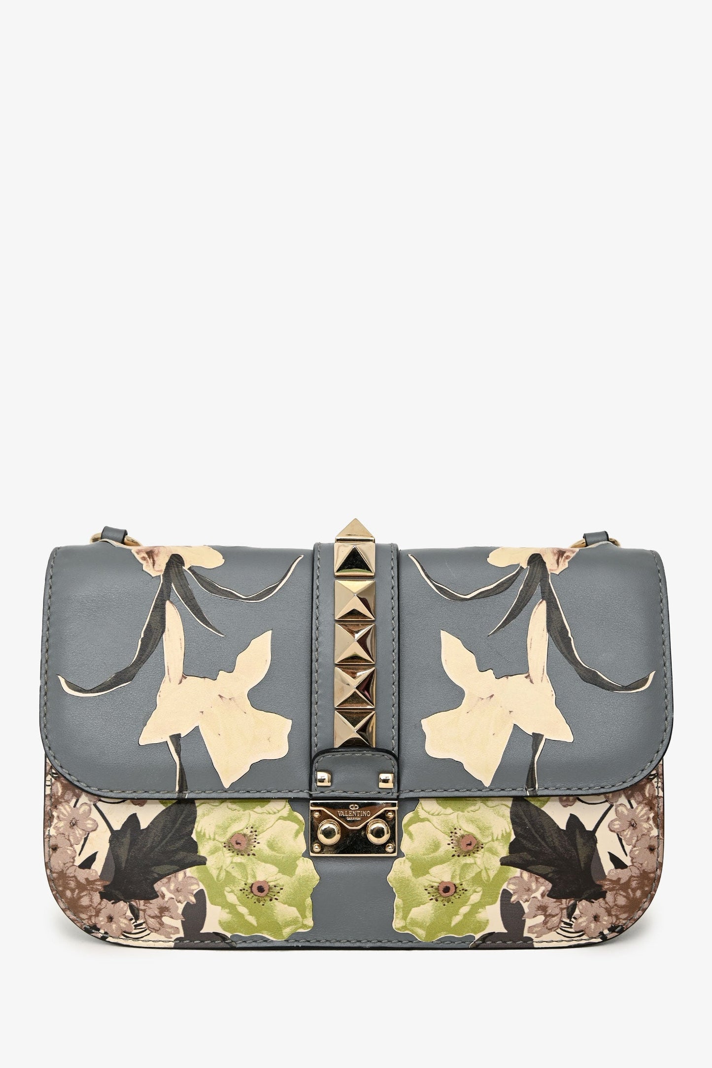 Valentino Grey Floral Leather Rockstud Chain Shoulder Bag