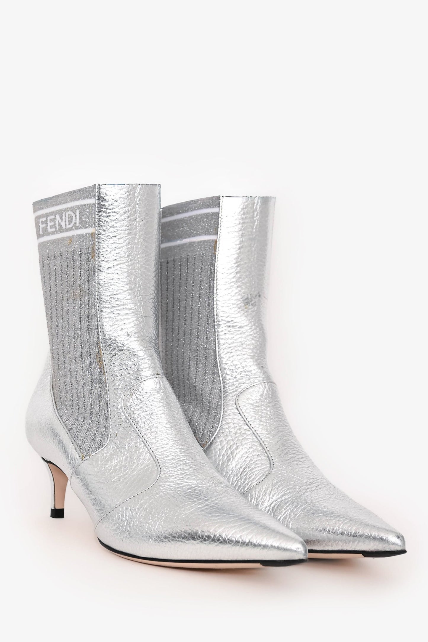 Fendi Silver Leather Pointed Toe Kitten Heel Boots Size 36.5