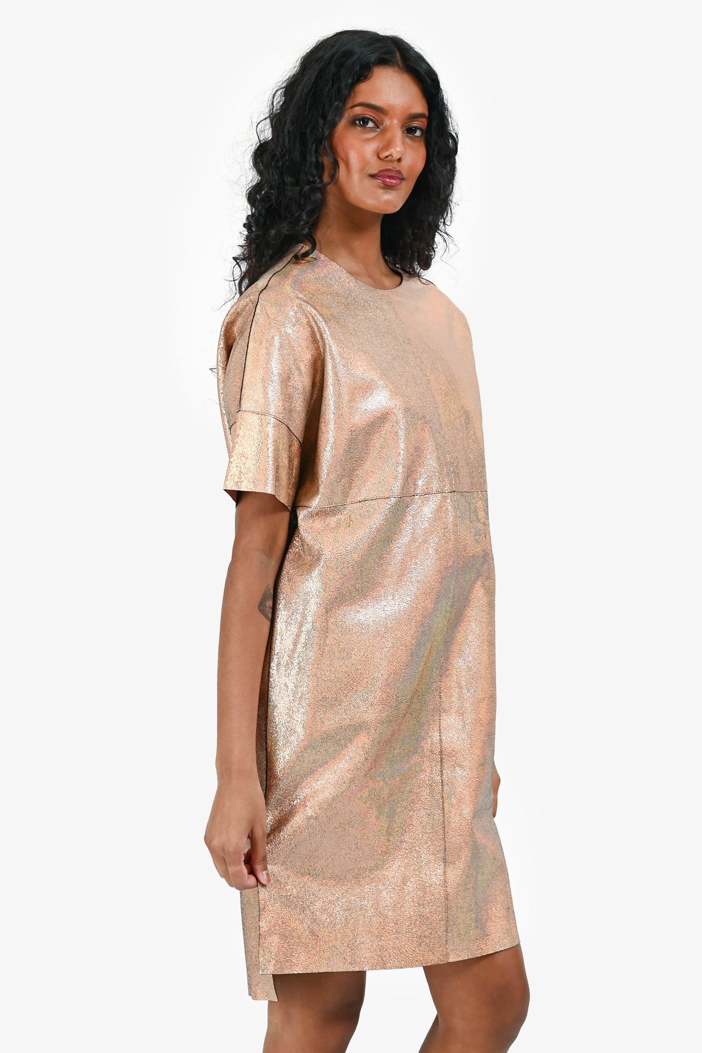 Gucci Pink Iridescent Leather Short Sleeves Shift Dress Size 38