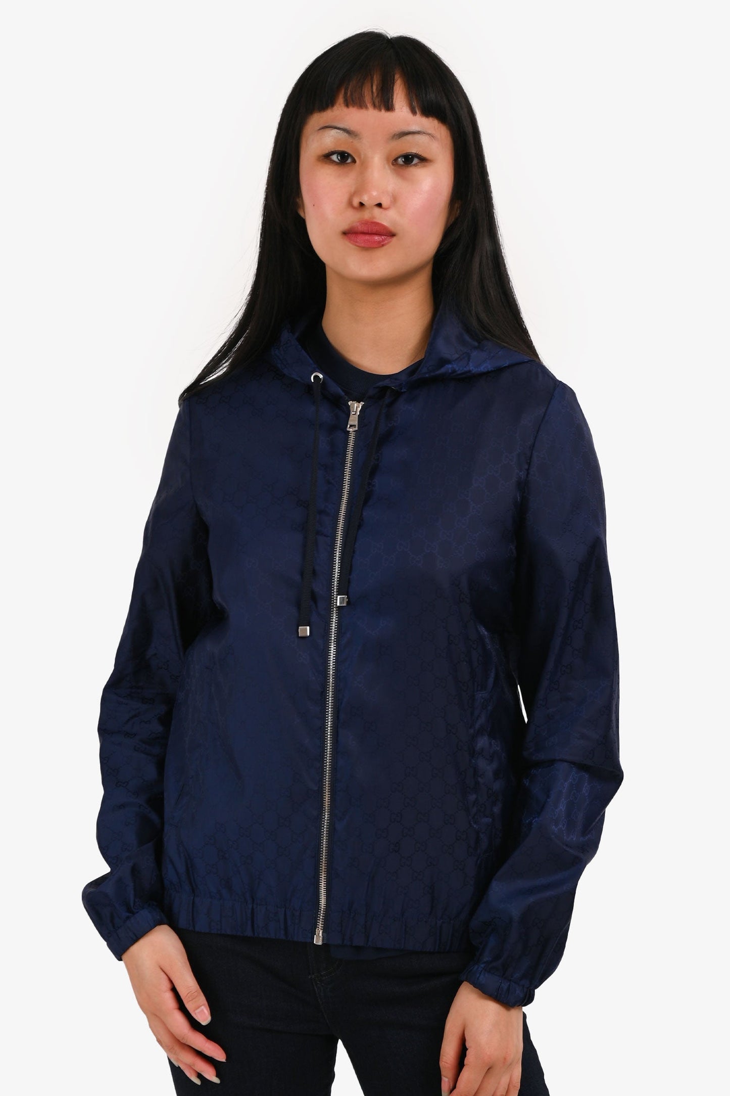 Gucci   Blue GG Monogram Nylon Zip-Up Windbreaker Hooded Jacket Size S