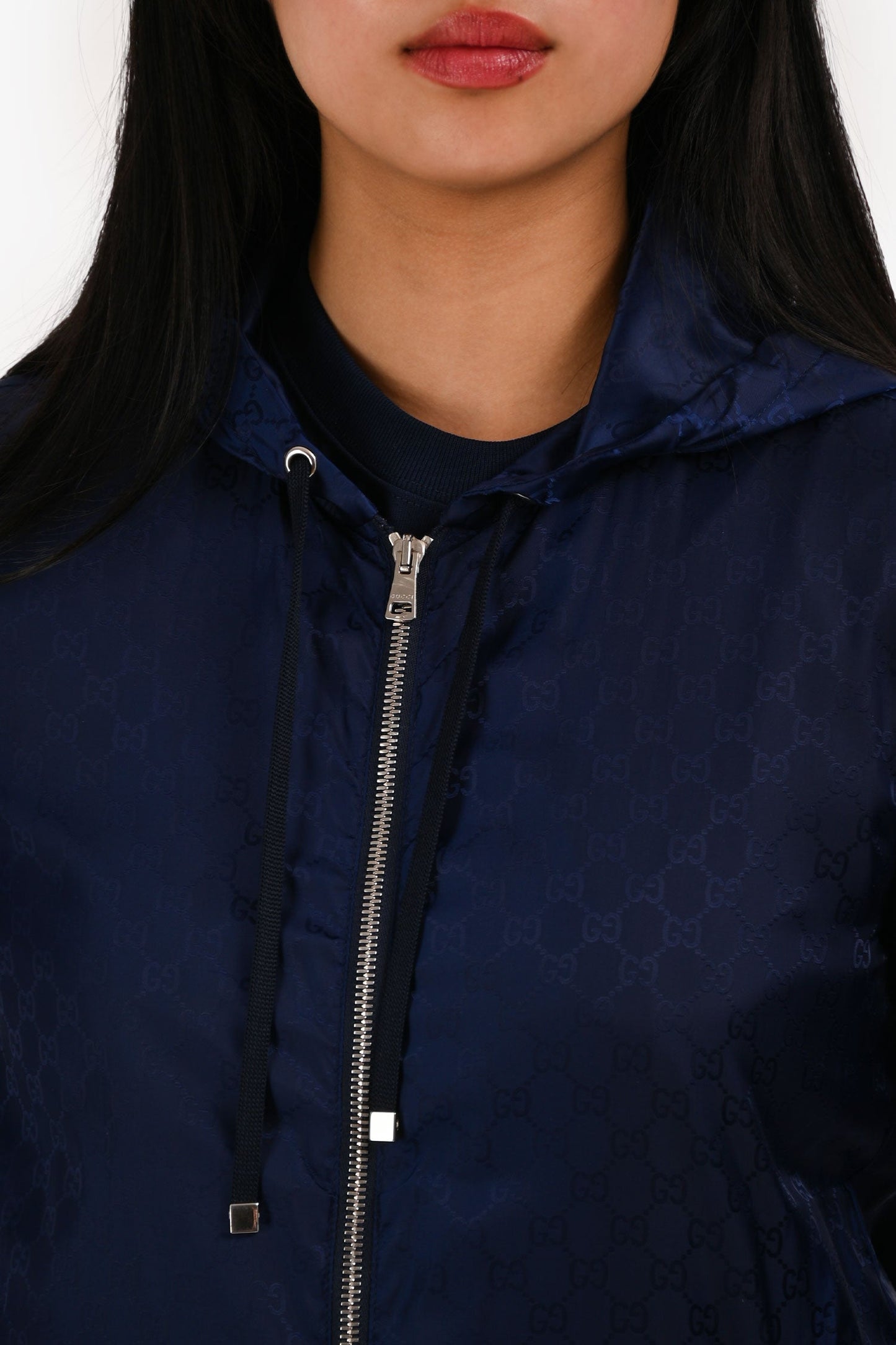 Gucci   Blue GG Monogram Nylon Zip-Up Windbreaker Hooded Jacket Size S