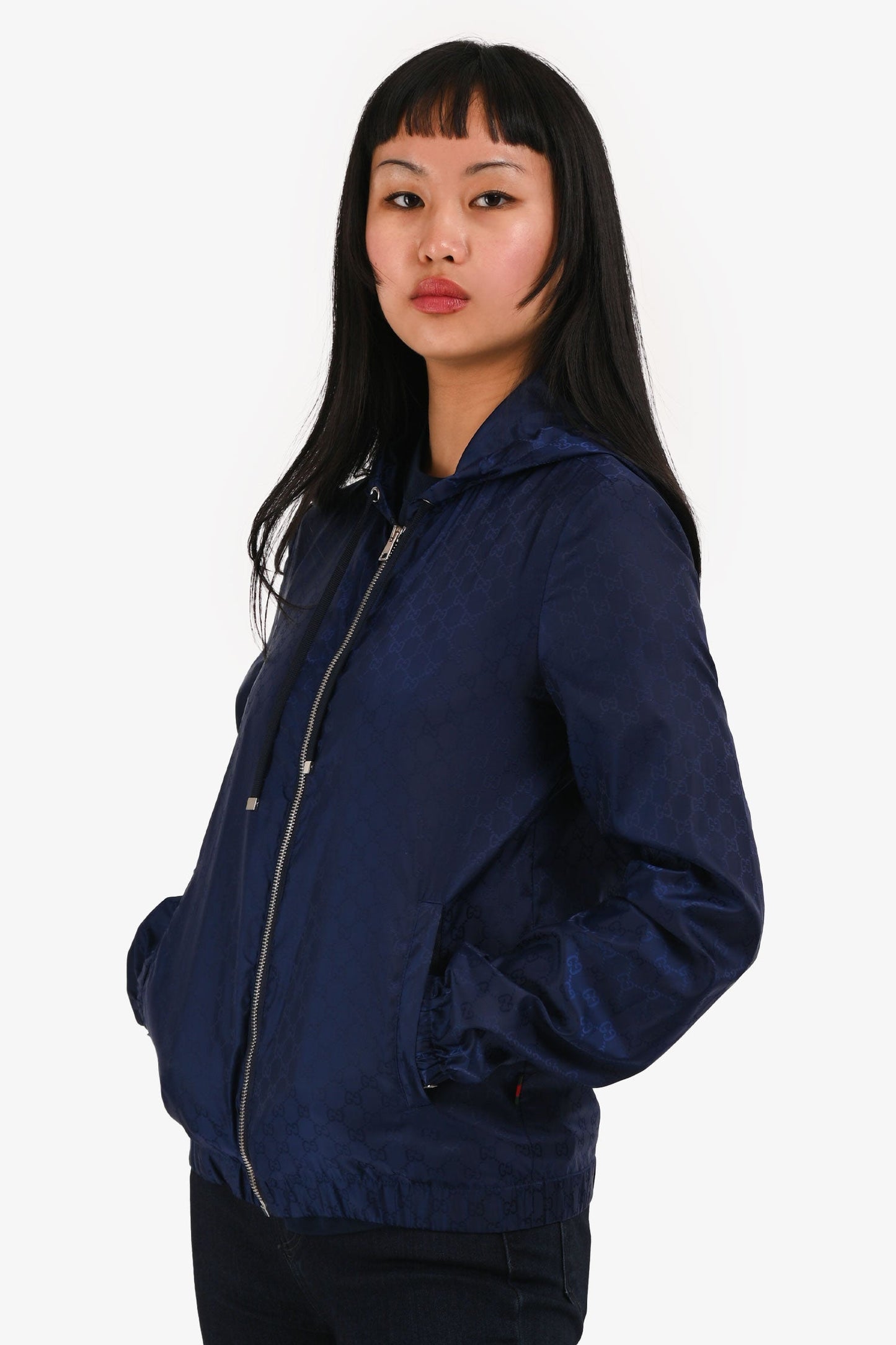 Gucci   Blue GG Monogram Nylon Zip-Up Windbreaker Hooded Jacket Size S