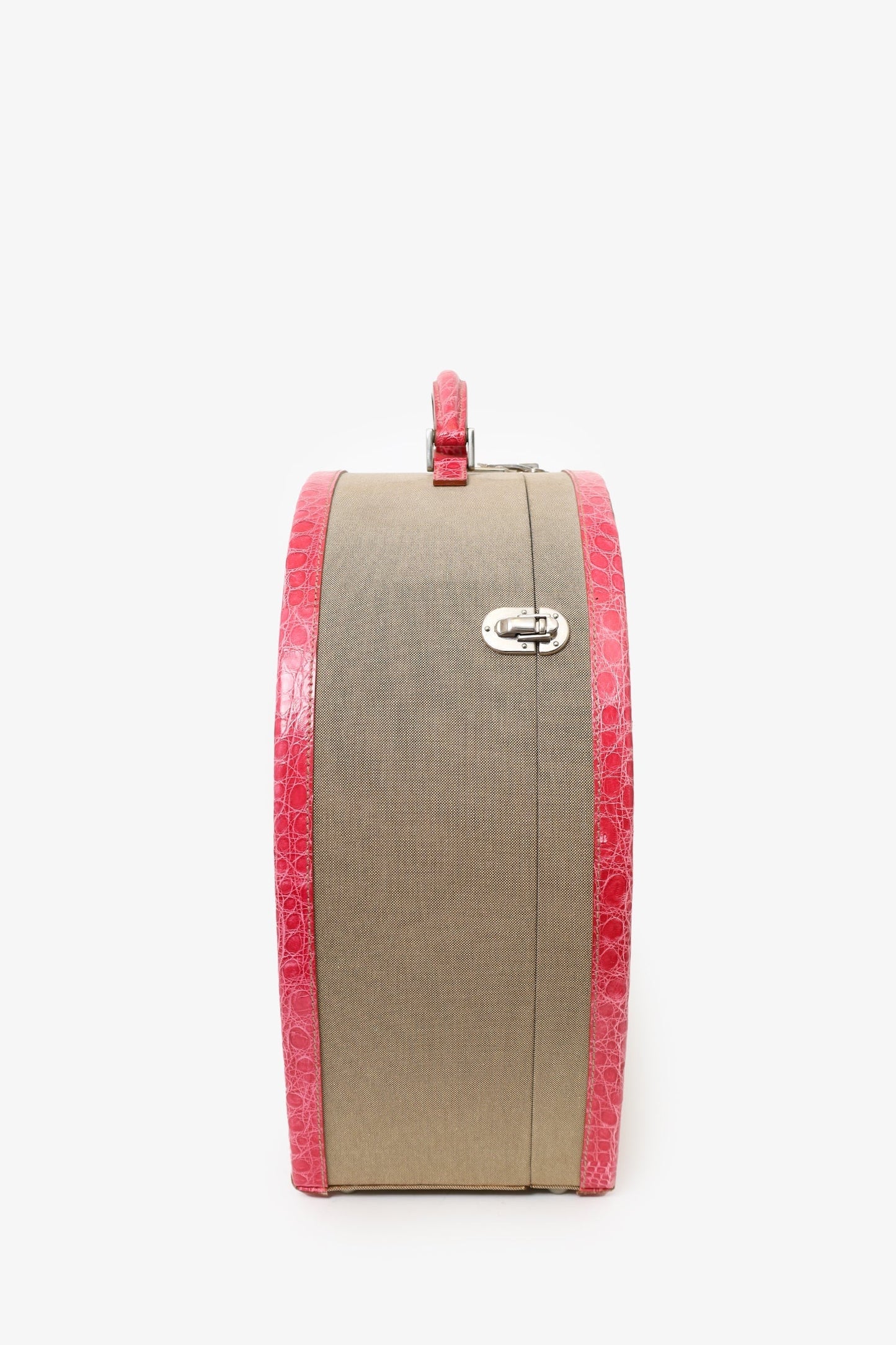 Prada Beige Canvas Pink Crocodile Trim Hat Box