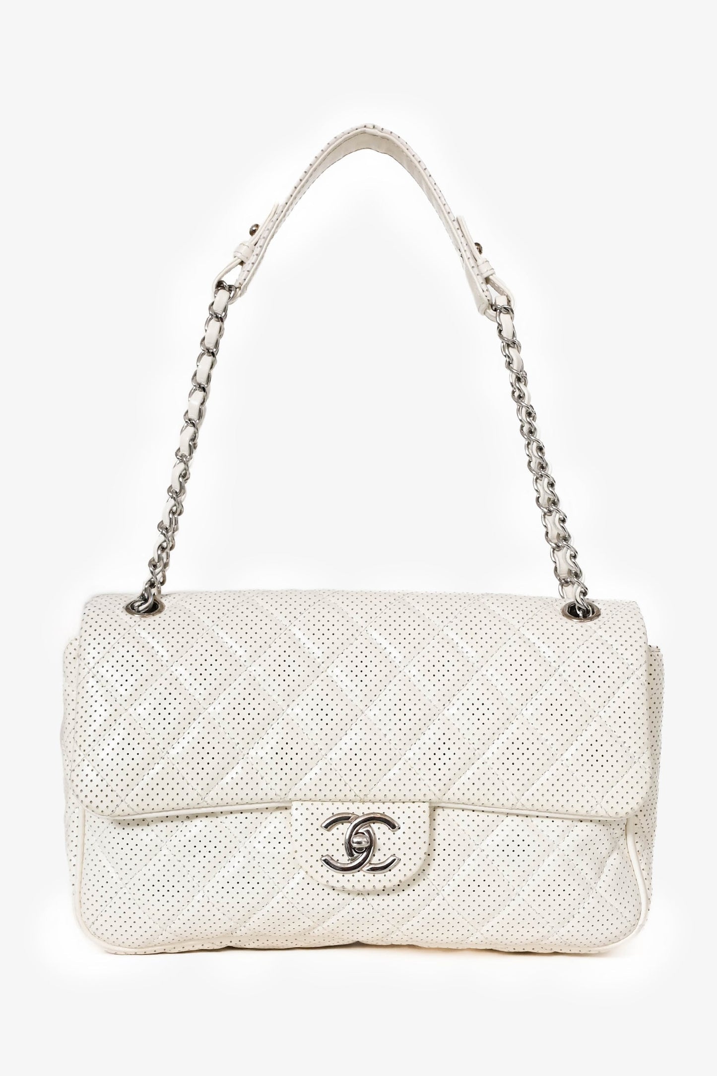 Chanel™ 2014 White Perforated Leather Jumbo Double Flap Shoulder Bag