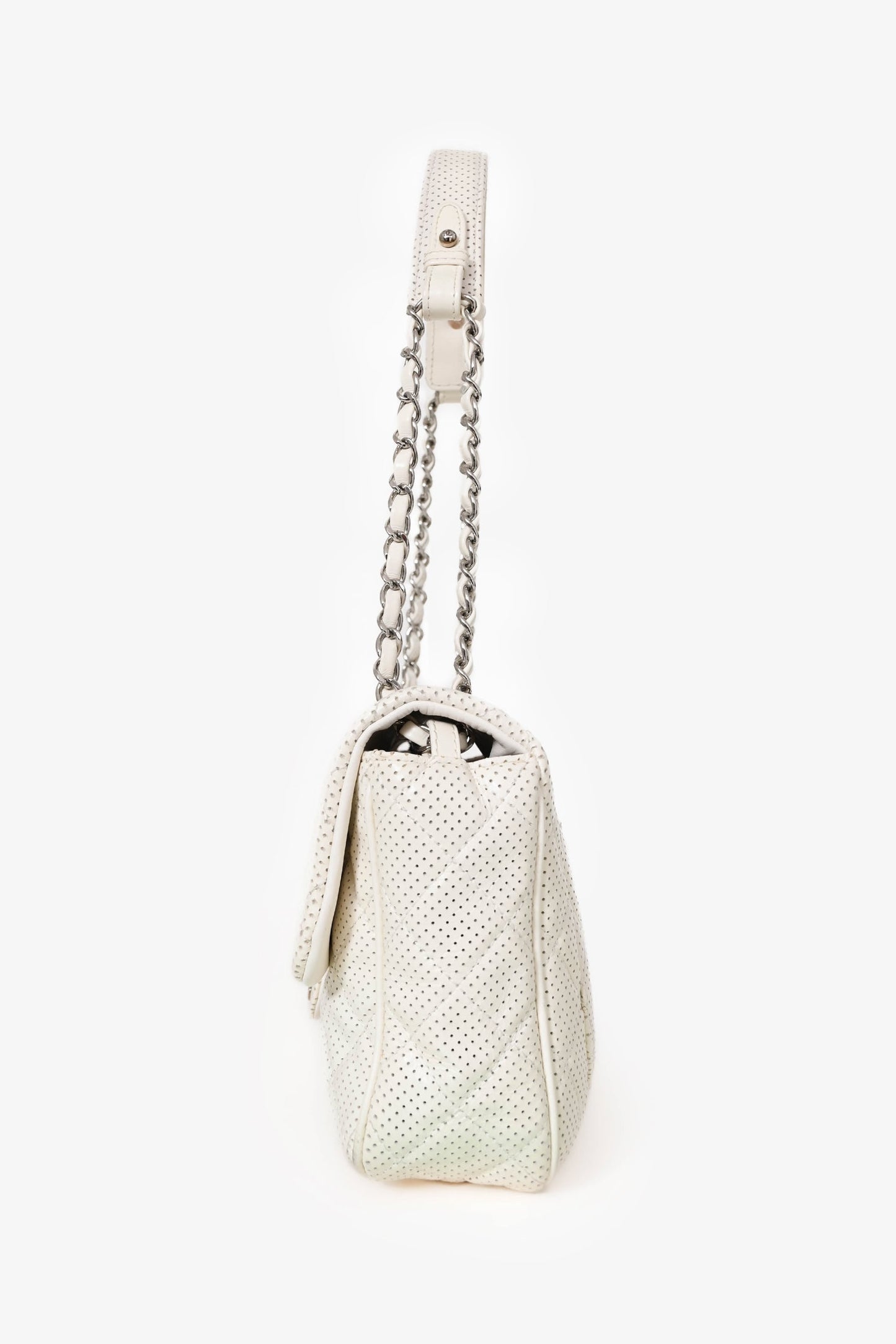 Chanel™ 2014 White Perforated Leather Jumbo Double Flap Shoulder Bag
