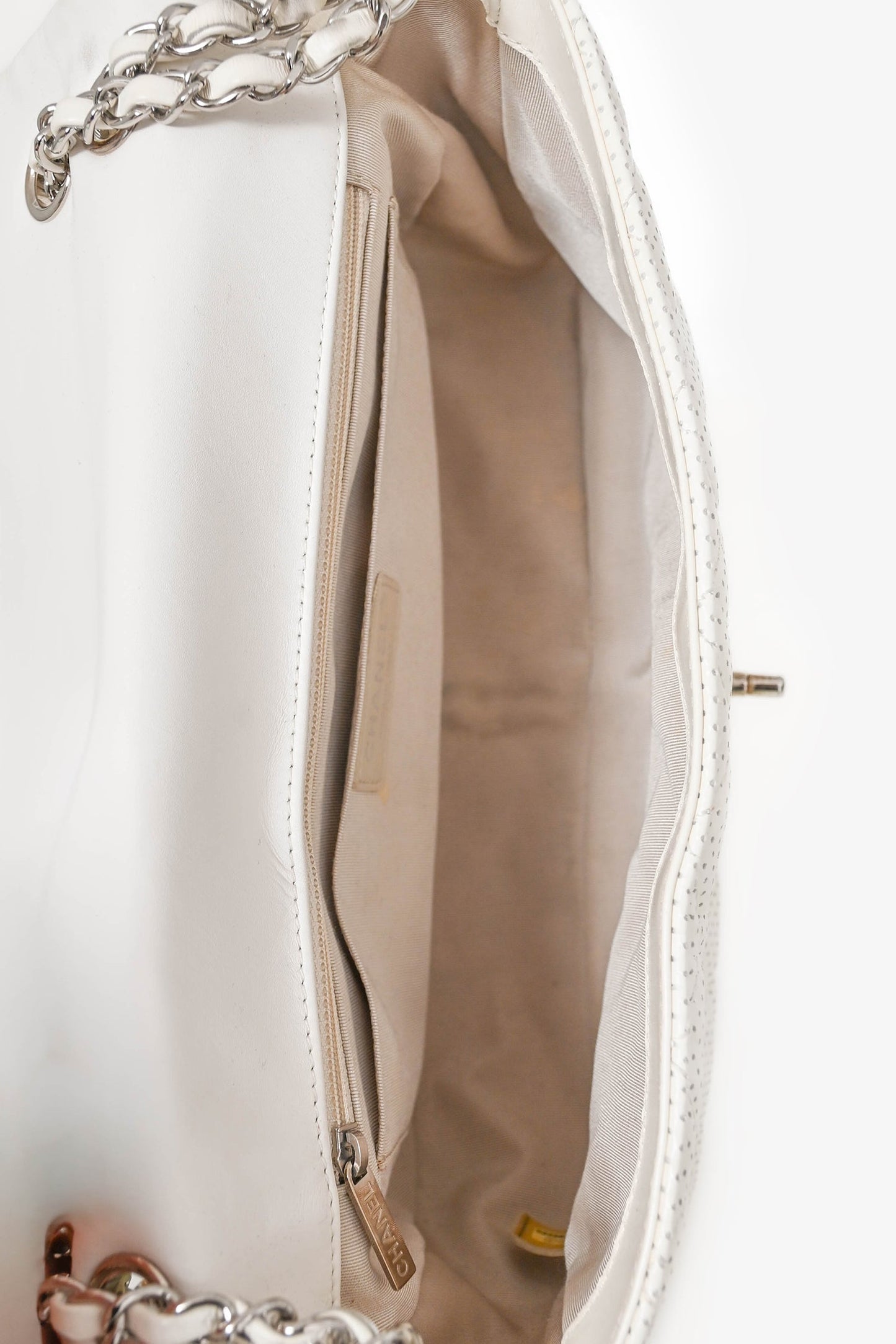 Chanel™ 2014 White Perforated Leather Jumbo Double Flap Shoulder Bag