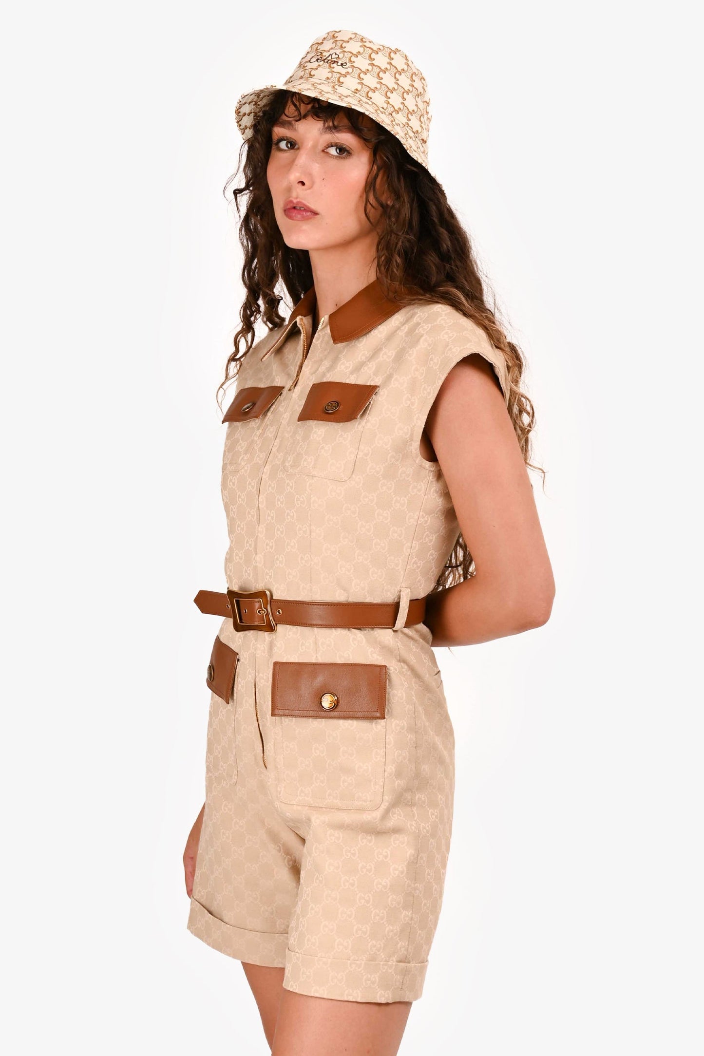 Gucci Brown Cotton/Leather GG Supreme Romper Size 40