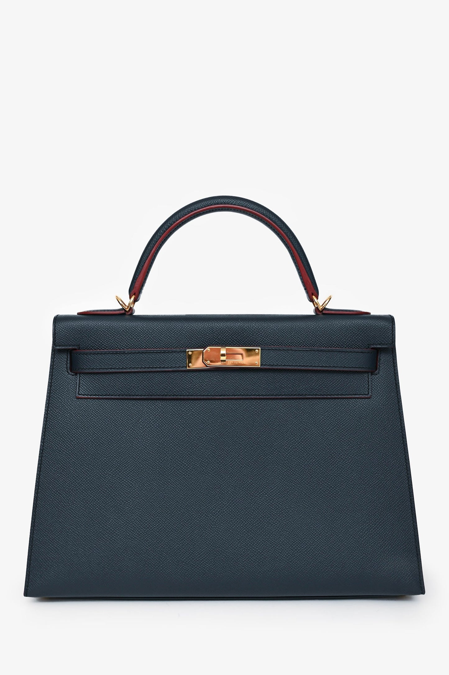 Hermès 2016 Blue Indigo/Rouge H Trim Epsom Leather Contour Sellier Kelly 32 with Strap GHW