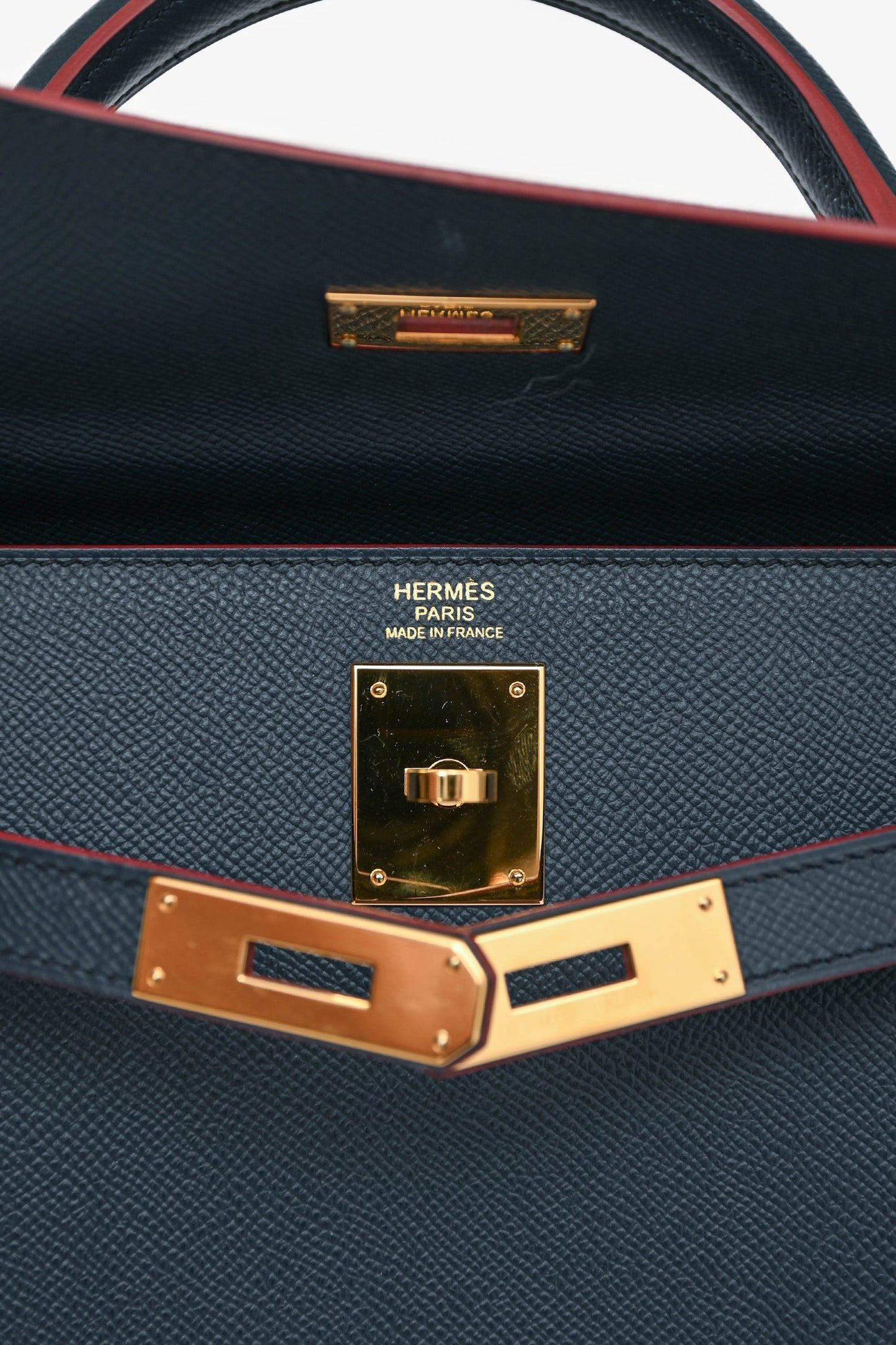 Hermès 2016 Blue Indigo/Rouge H Trim Epsom Leather Contour Sellier Kelly 32 with Strap GHW