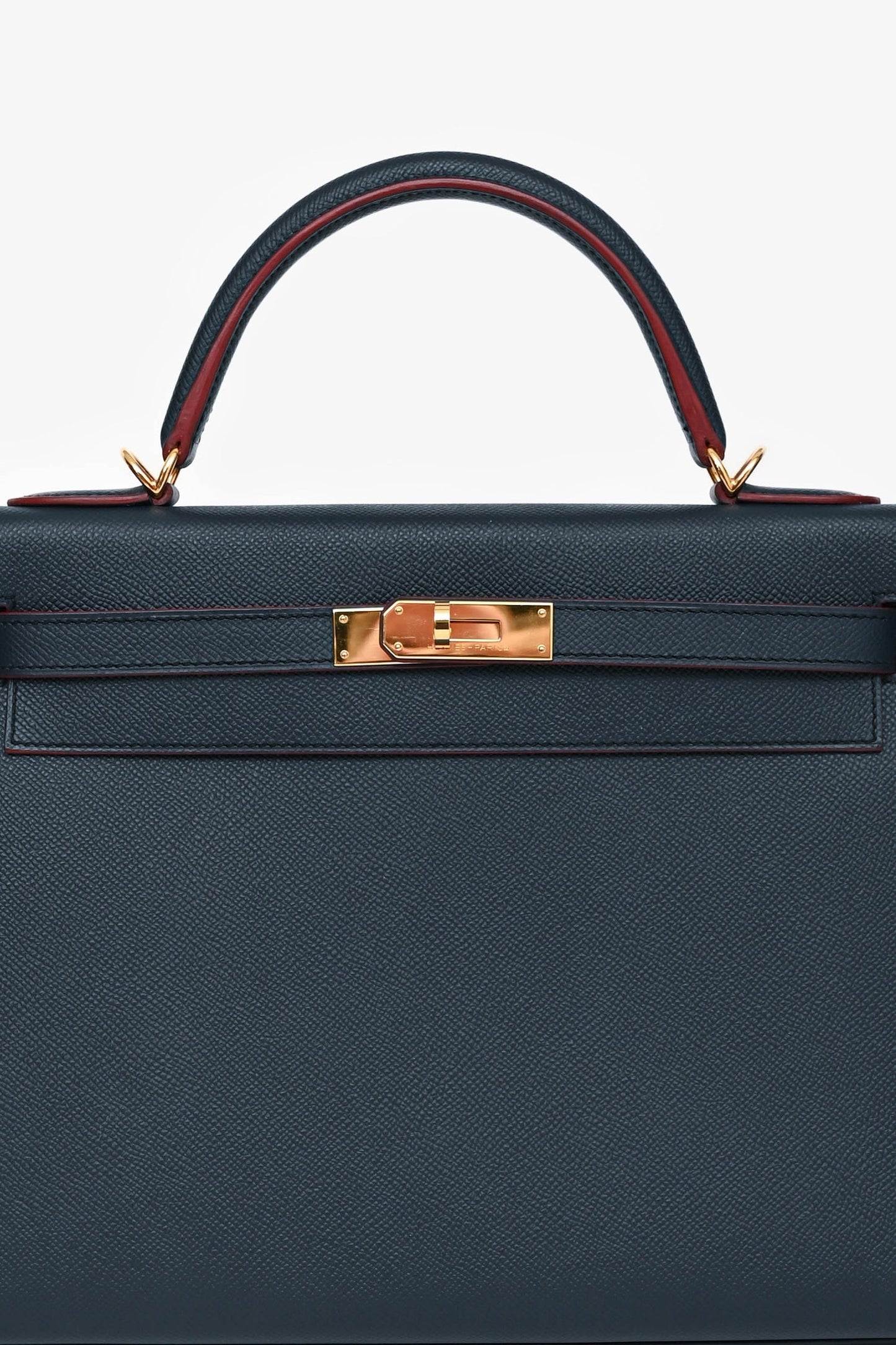 Hermès 2016 Blue Indigo/Rouge H Trim Epsom Leather Contour Sellier Kelly 32 with Strap GHW