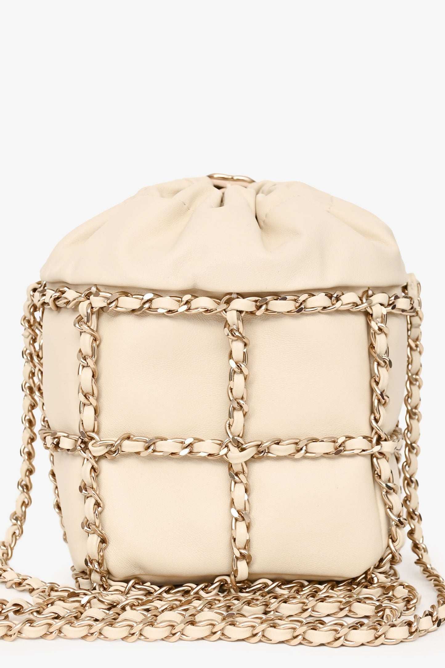 Chanel™ 2019-20 Cream Lambskin Leather Bucket Chain Drawstring Bag