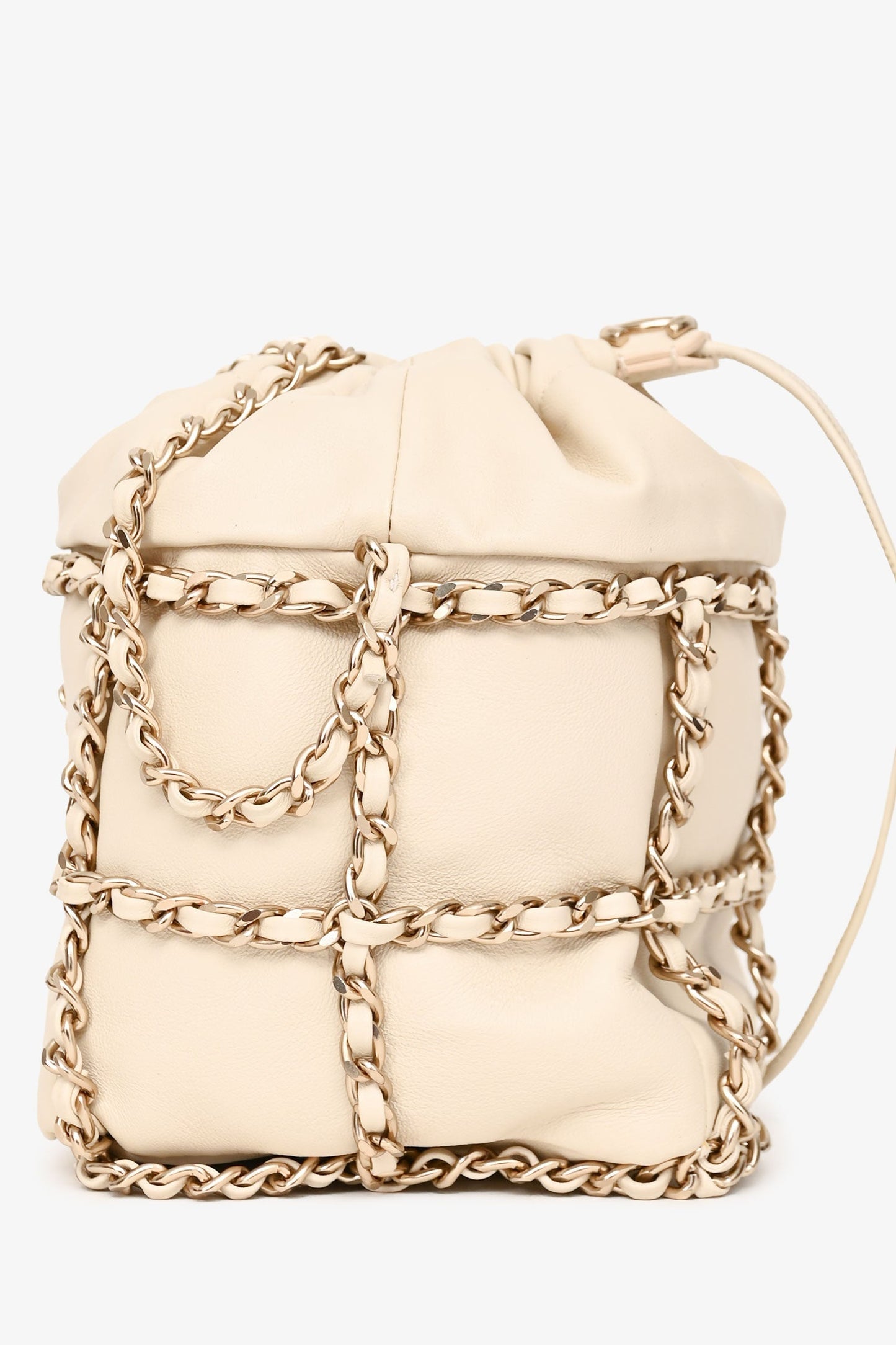 Chanel™ 2019-20 Cream Lambskin Leather Bucket Chain Drawstring Bag