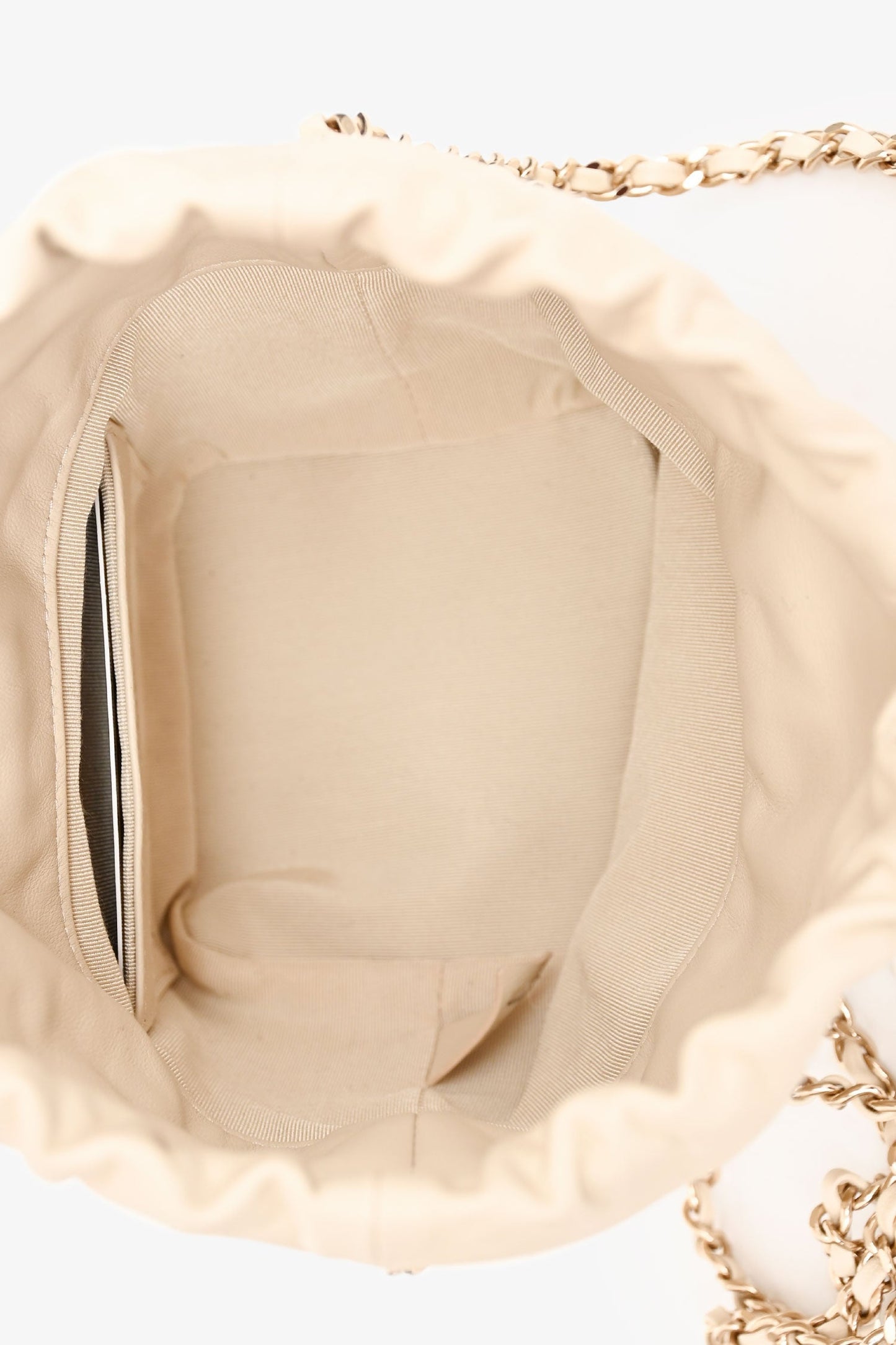 Chanel™ 2019-20 Cream Lambskin Leather Bucket Chain Drawstring Bag
