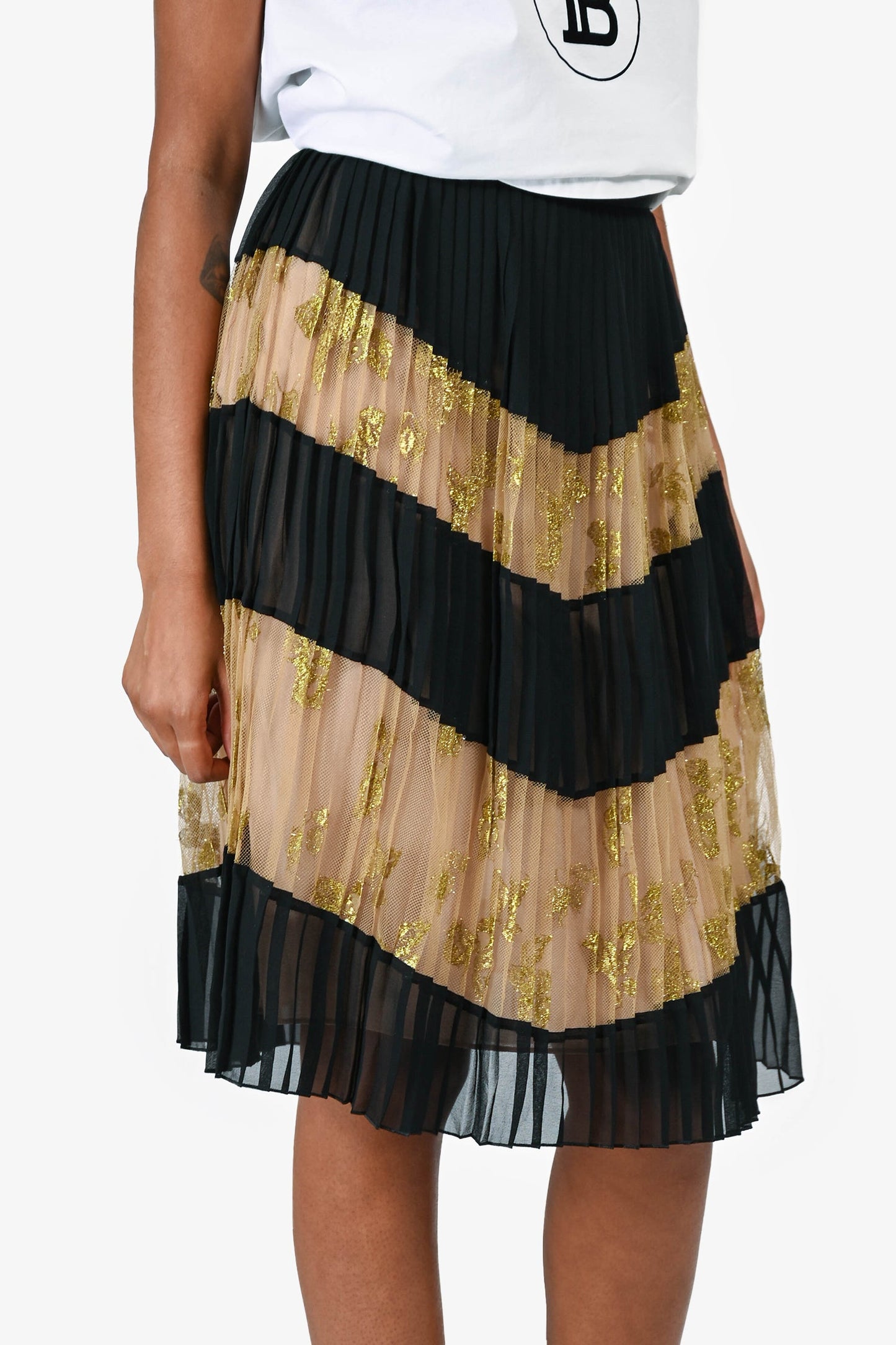 Gucci Black Pleated Gold Mesh Tulle Mini Skirt Size 36