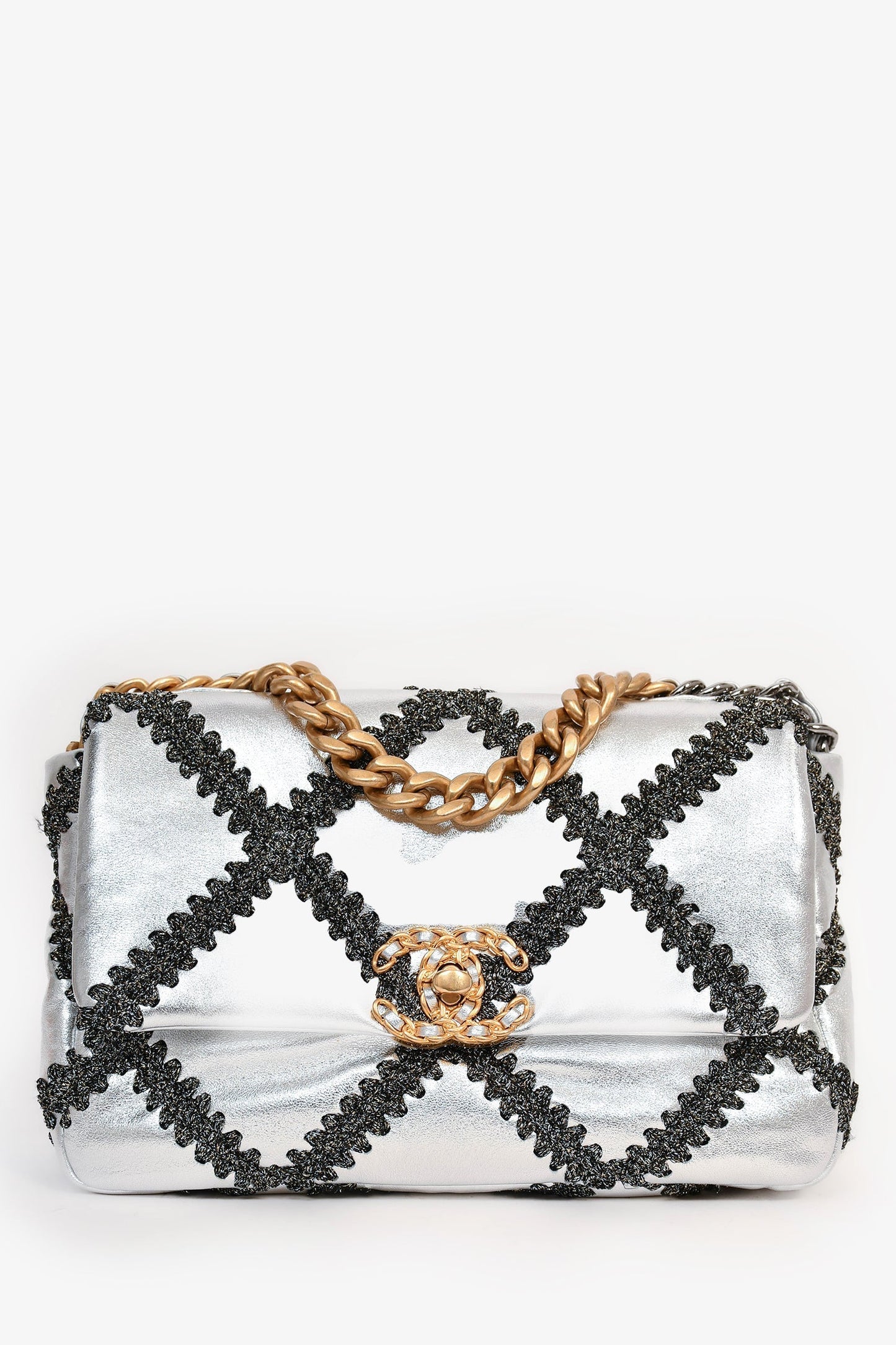 Chanel™ Limited Edition Silver/Gunmetal Crochet Small 19 Duo-Toned Chain Shoulder Bag