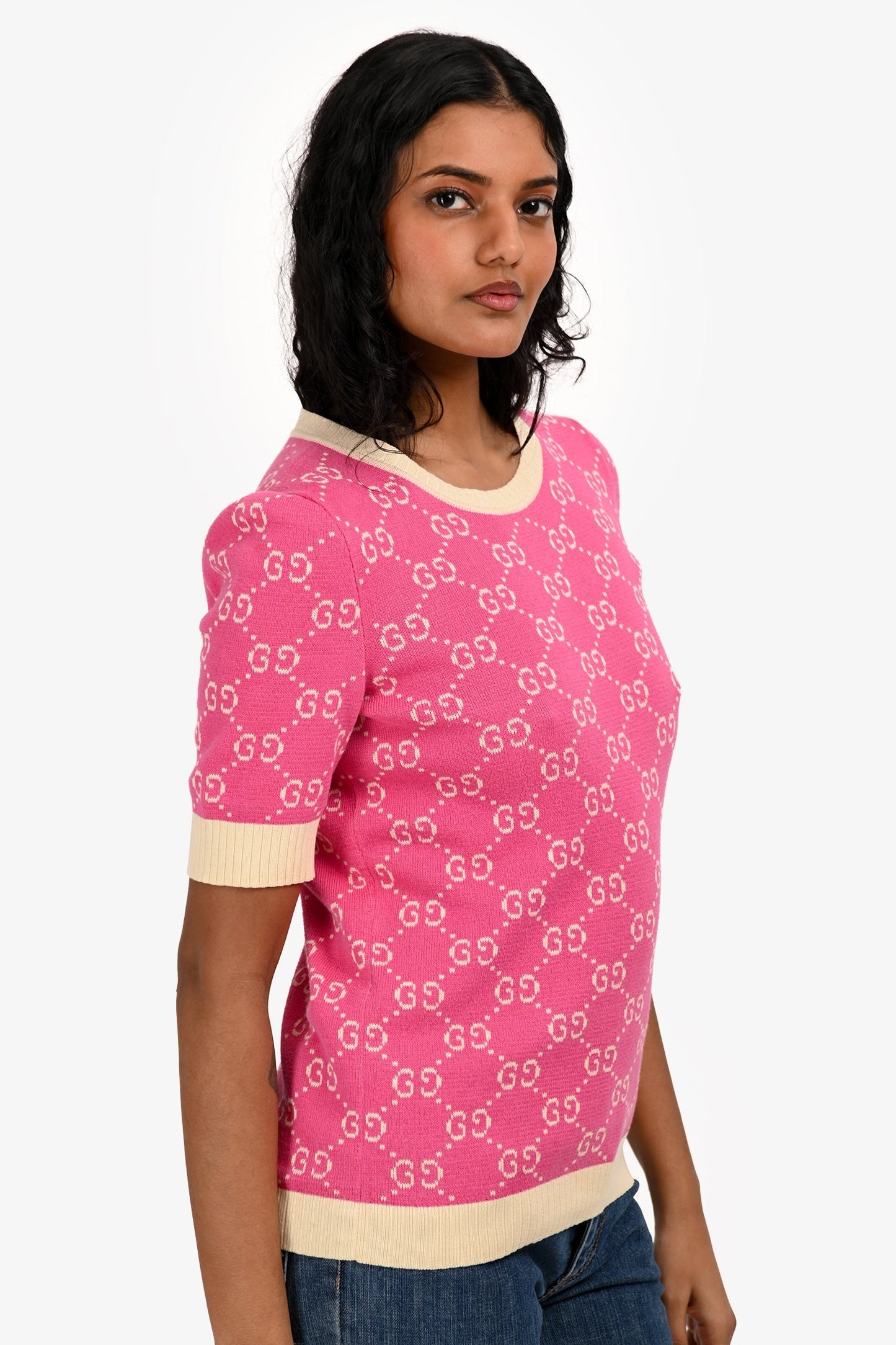 Gucci Pink/Beige GG Jacquard Knit Top Size S