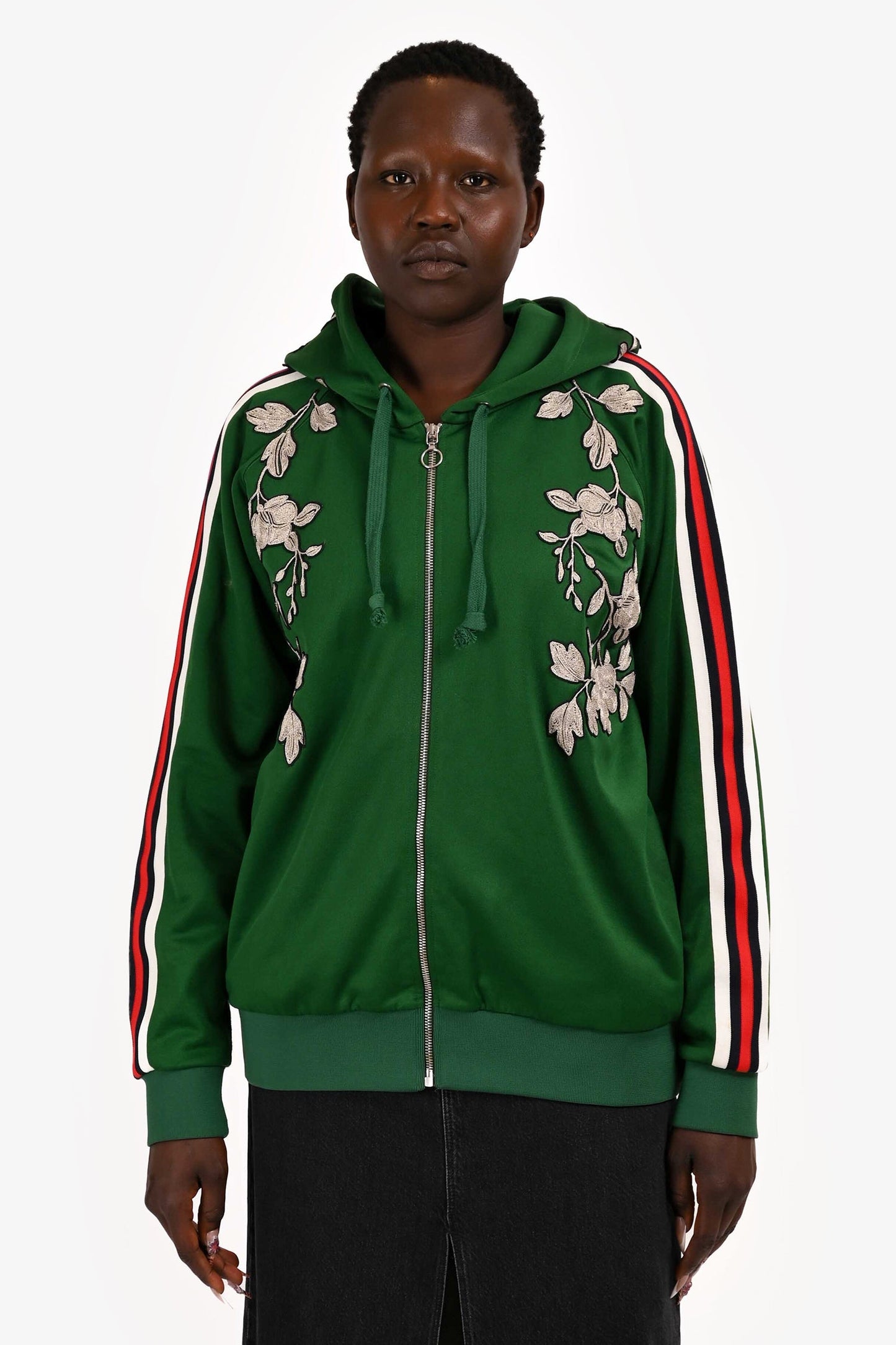 Gucci Green Silver Floral Embroidered Zip-Up Jacket Size L