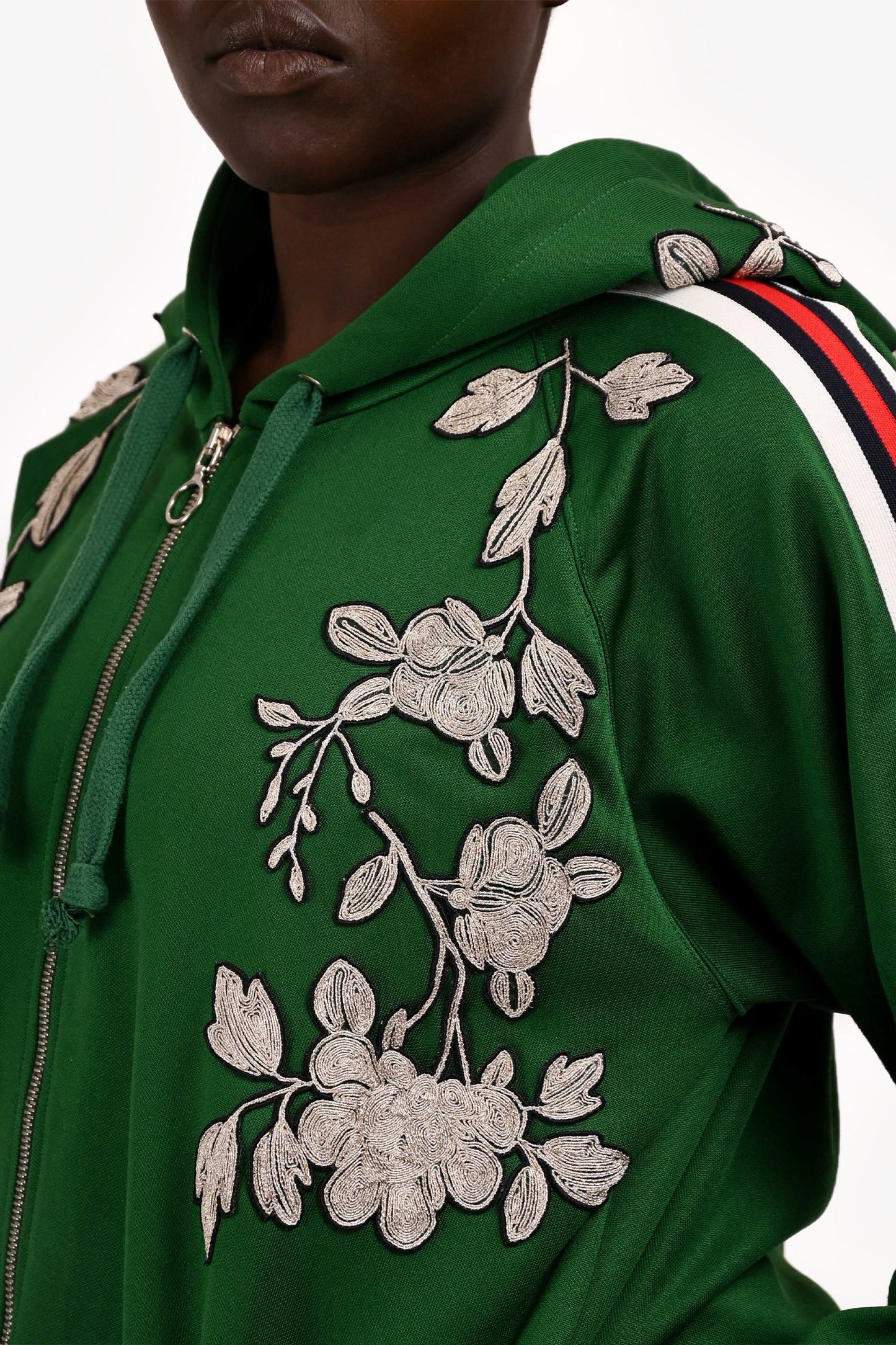 Gucci Green Silver Floral Embroidered Zip-Up Jacket Size L