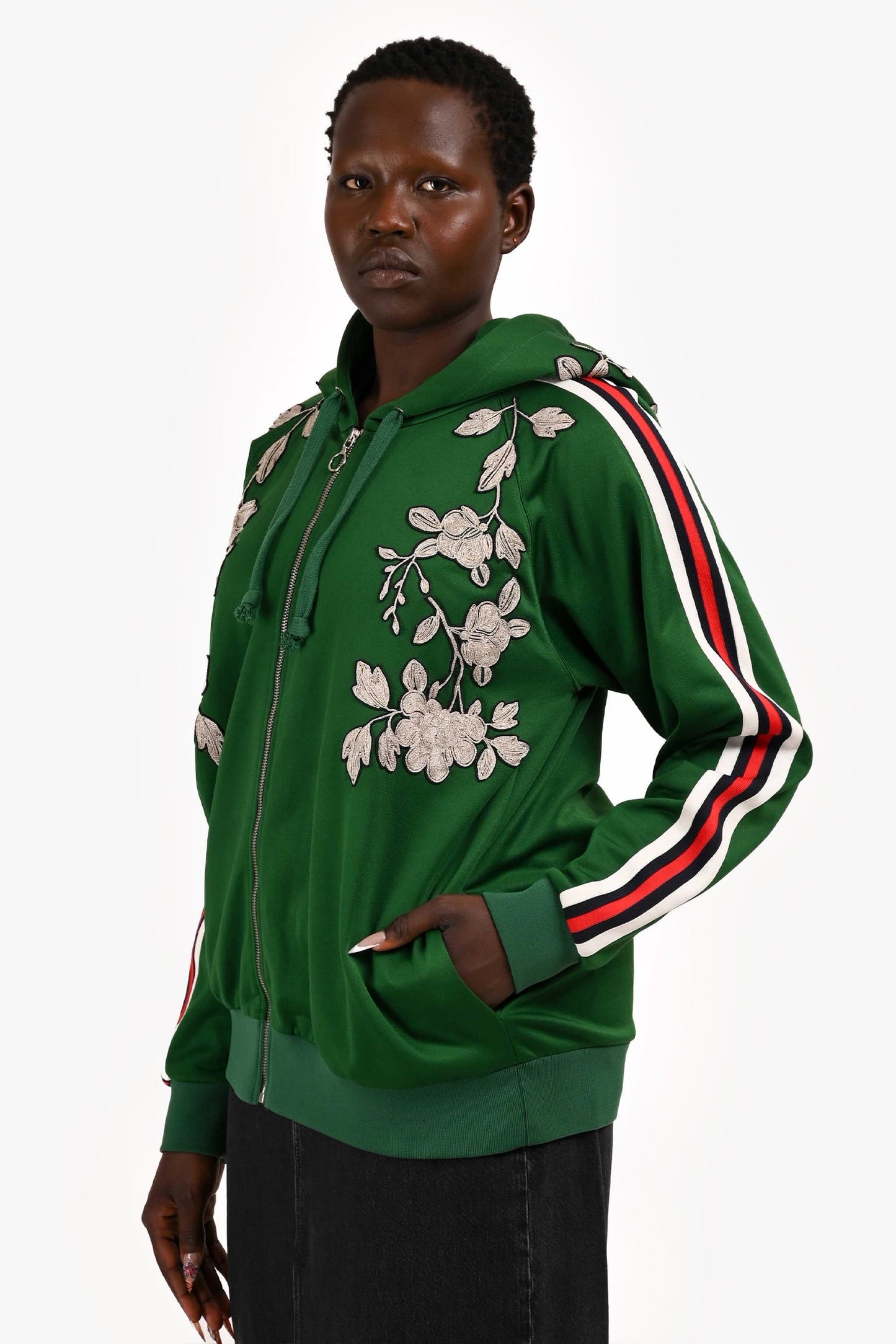 Gucci Green Silver Floral Embroidered Zip-Up Jacket Size L
