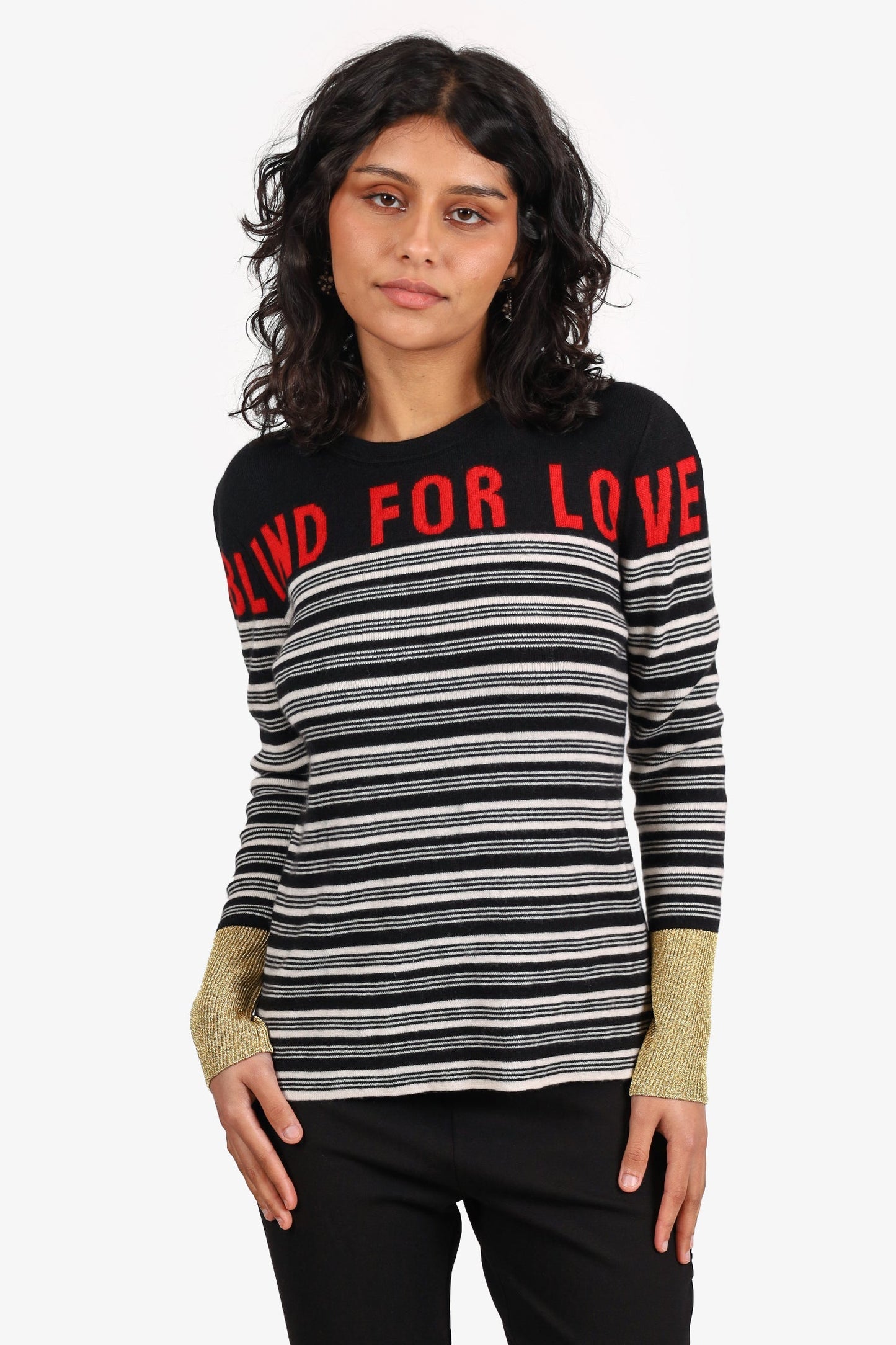 Gucci Black/White Monochrome Striped Metallic Cuff Detail Blind For Love Sweater Size M