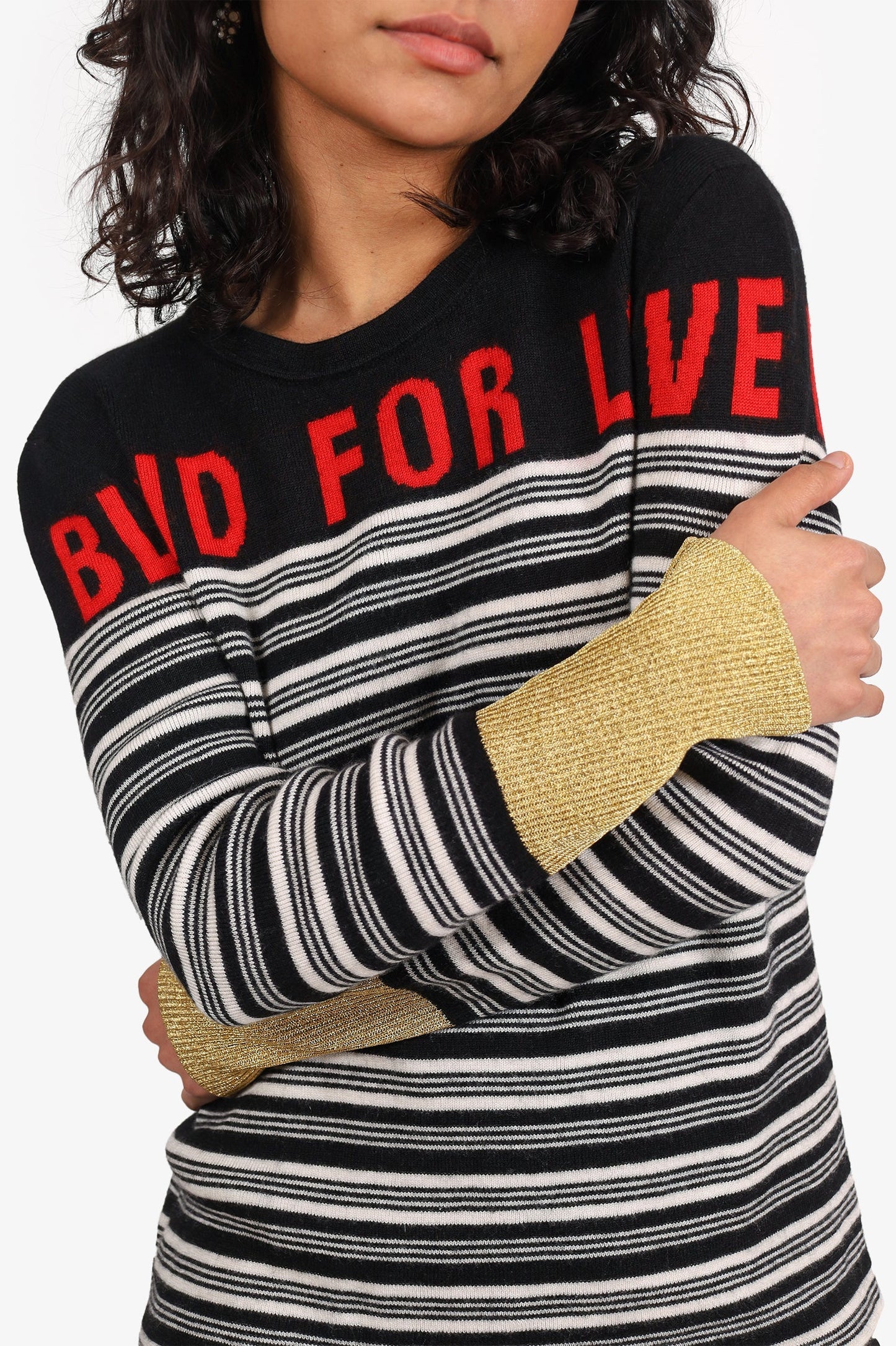 Gucci Black/White Monochrome Striped Metallic Cuff Detail Blind For Love Sweater Size M