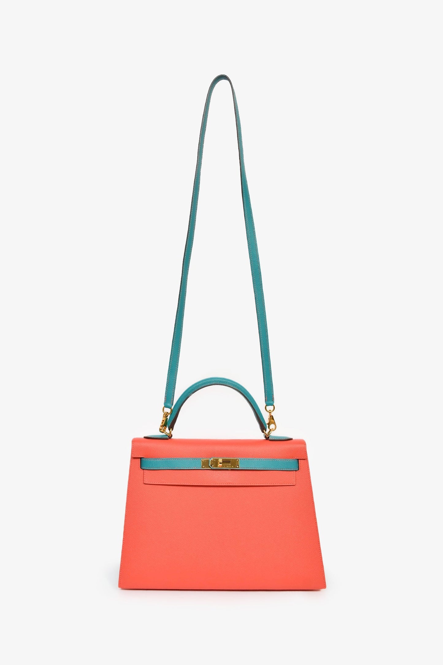 Hermès 2017 Special Order Coral/Teal Bi-Colour Epsom Leather Kelly Sellier 32