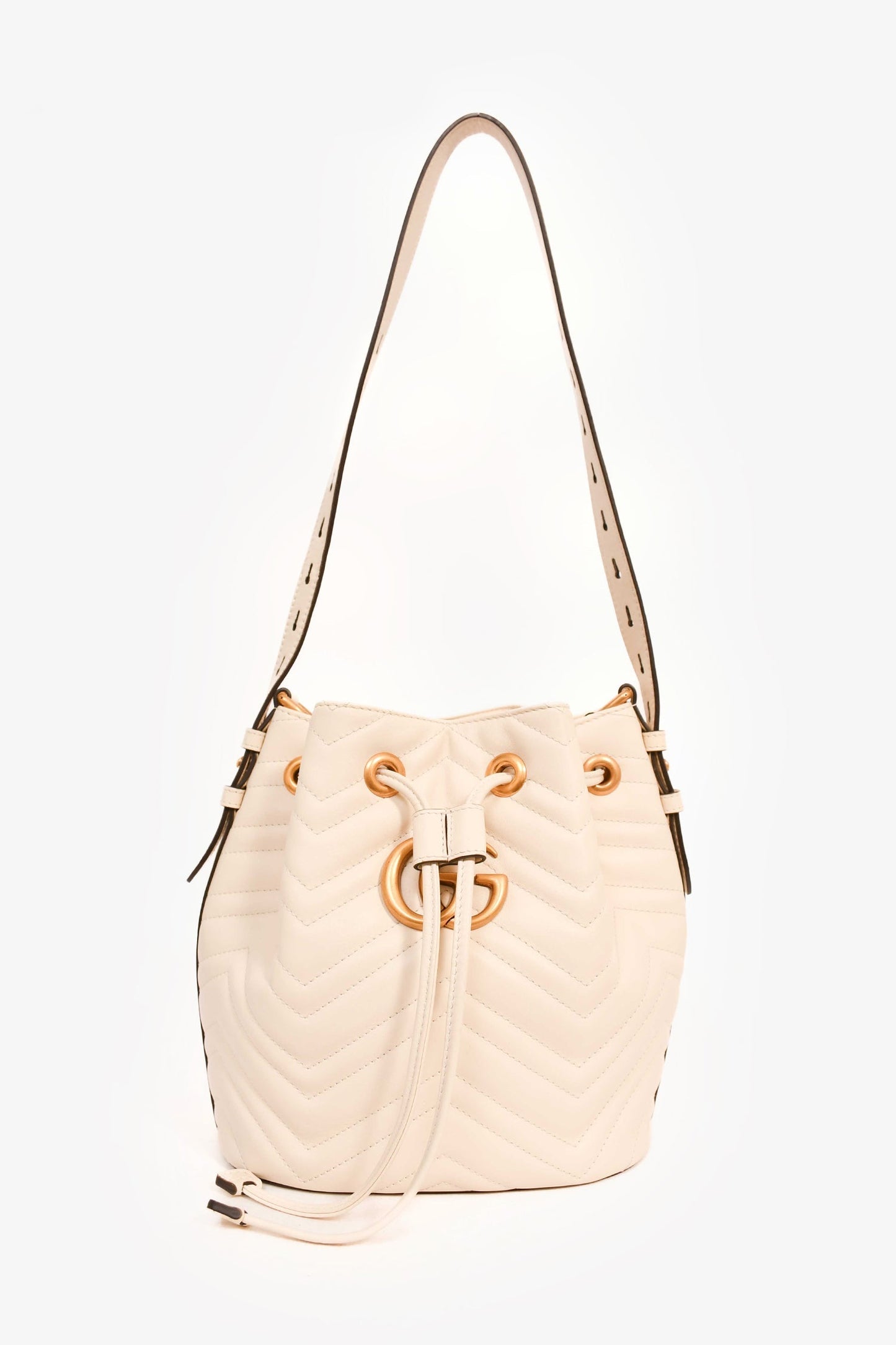 Gucci White Leather GG Marmont Medium Bucket Bag with Strap