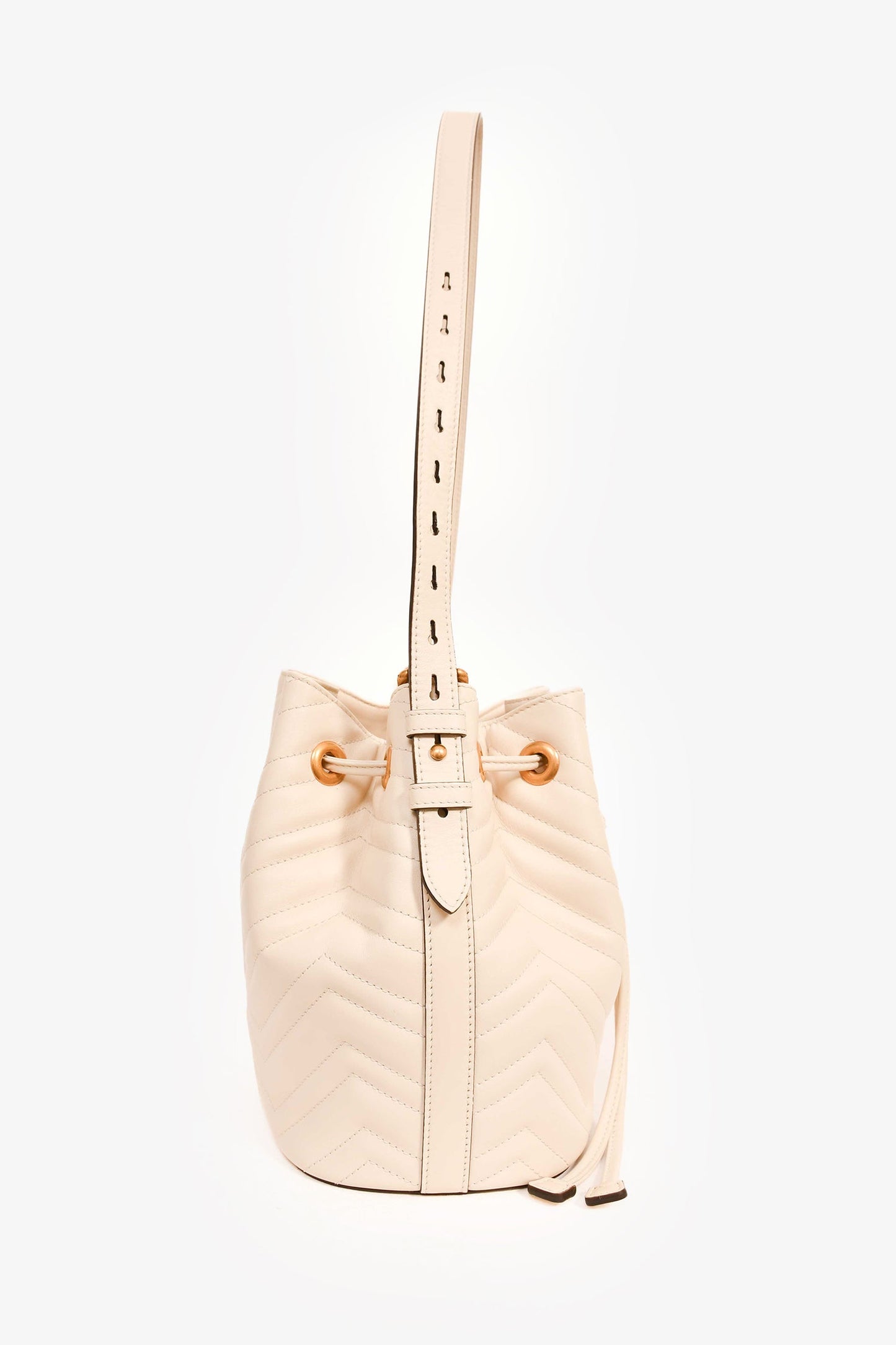 Gucci White Leather GG Marmont Medium Bucket Bag with Strap
