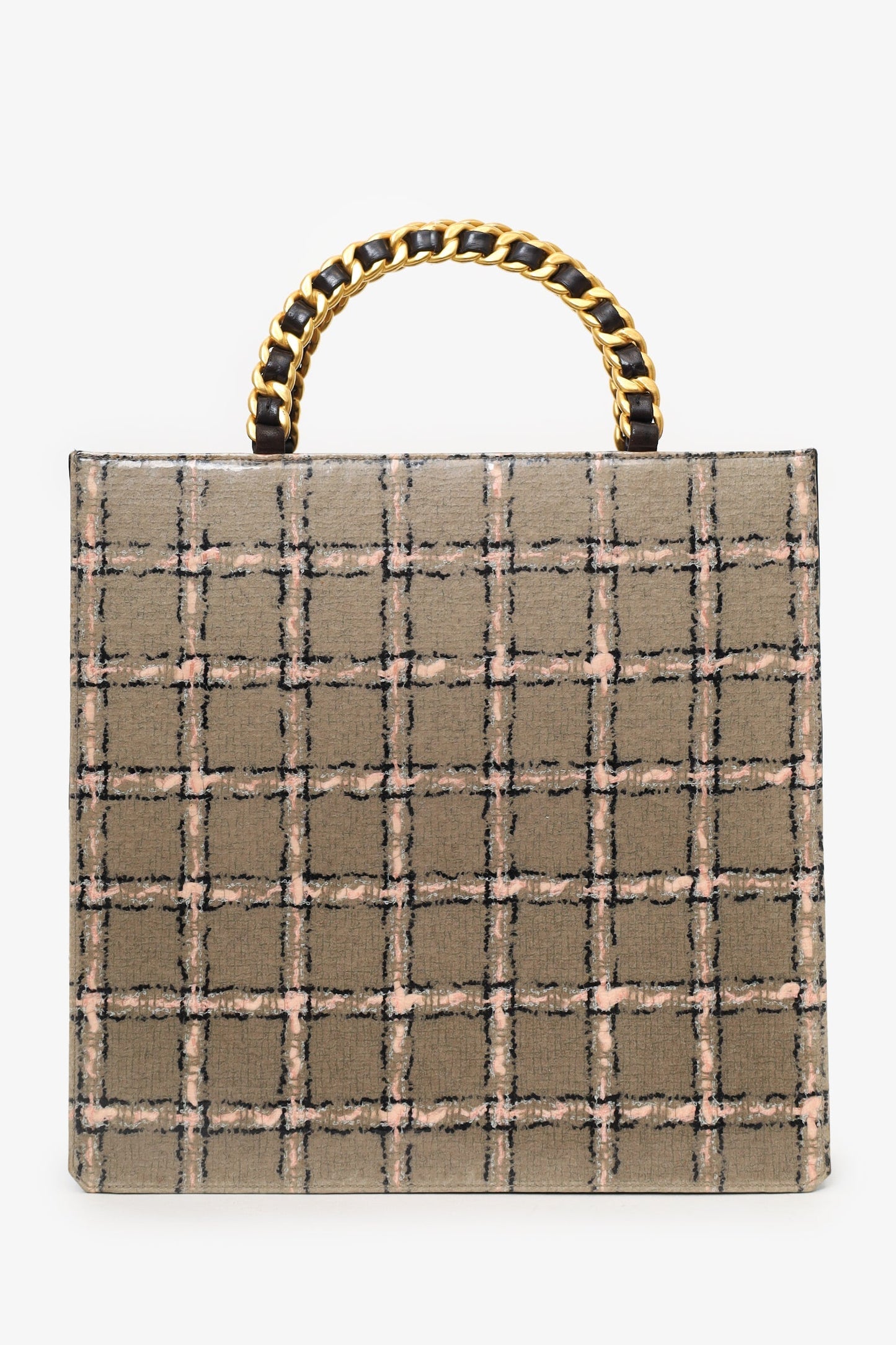 Chanel™ Grey/Pink Plaid Chain Top Handle Bag