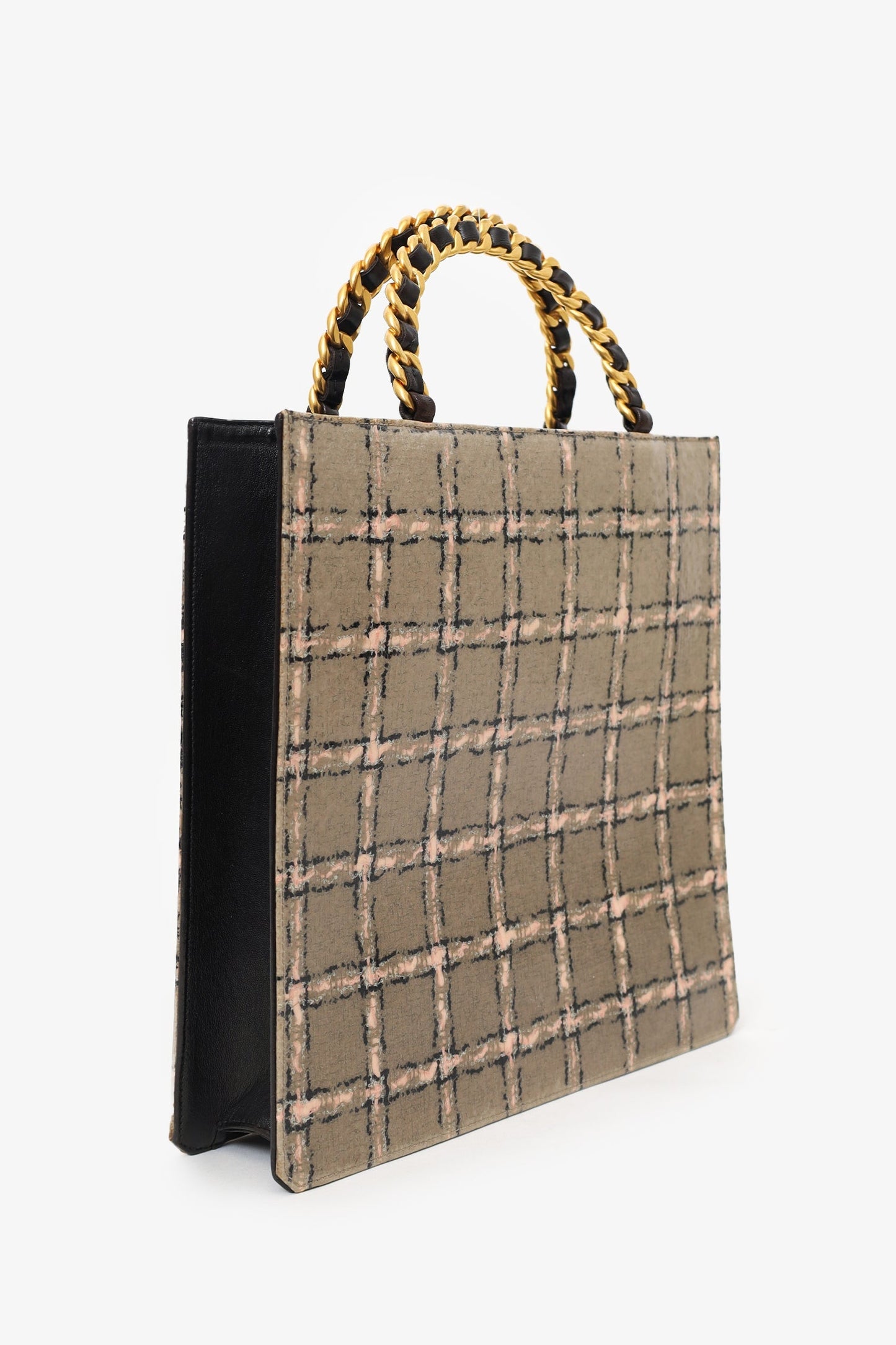 Chanel™ Grey/Pink Plaid Chain Top Handle Bag