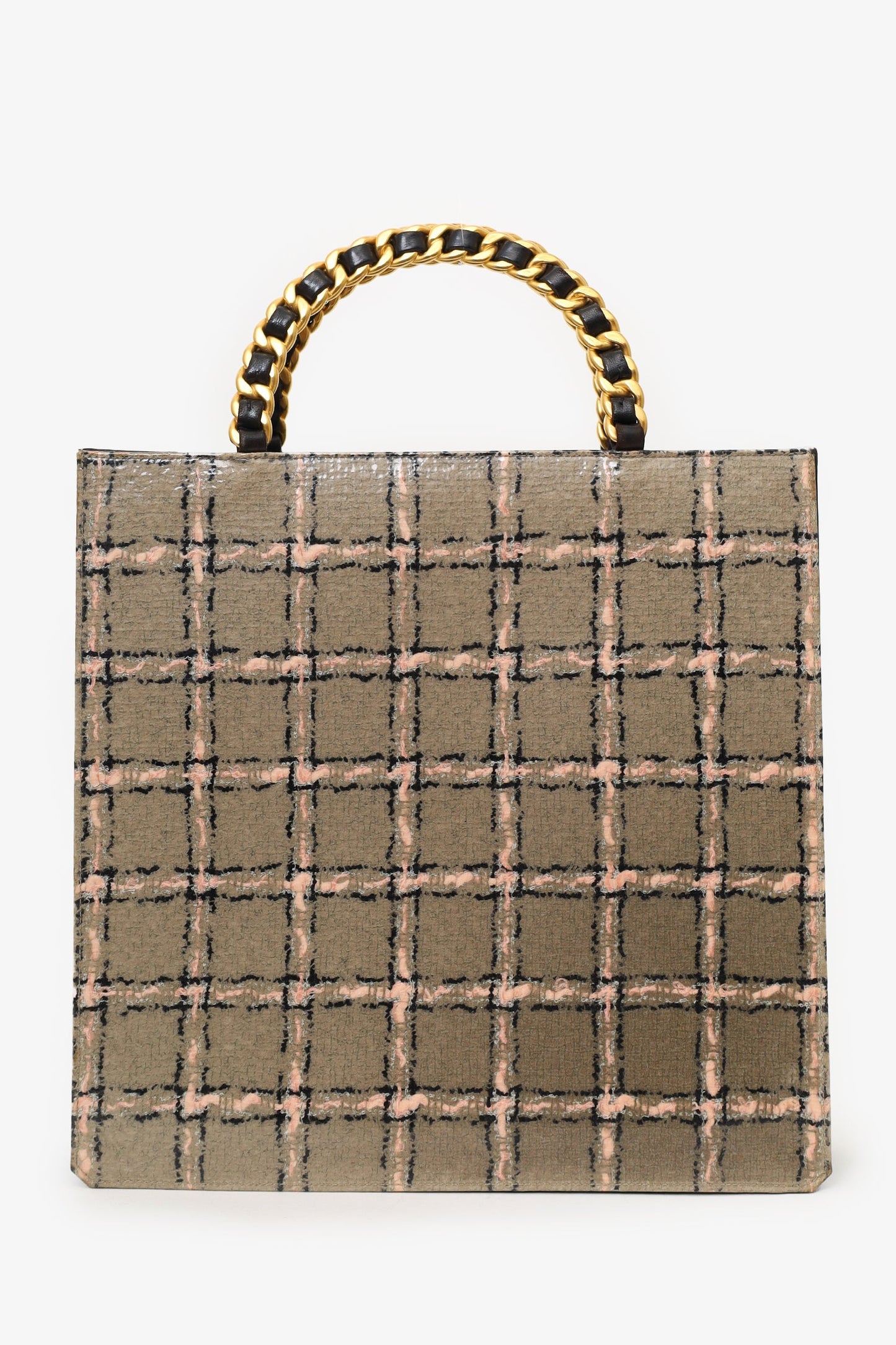 Chanel™ Grey/Pink Plaid Chain Top Handle Bag