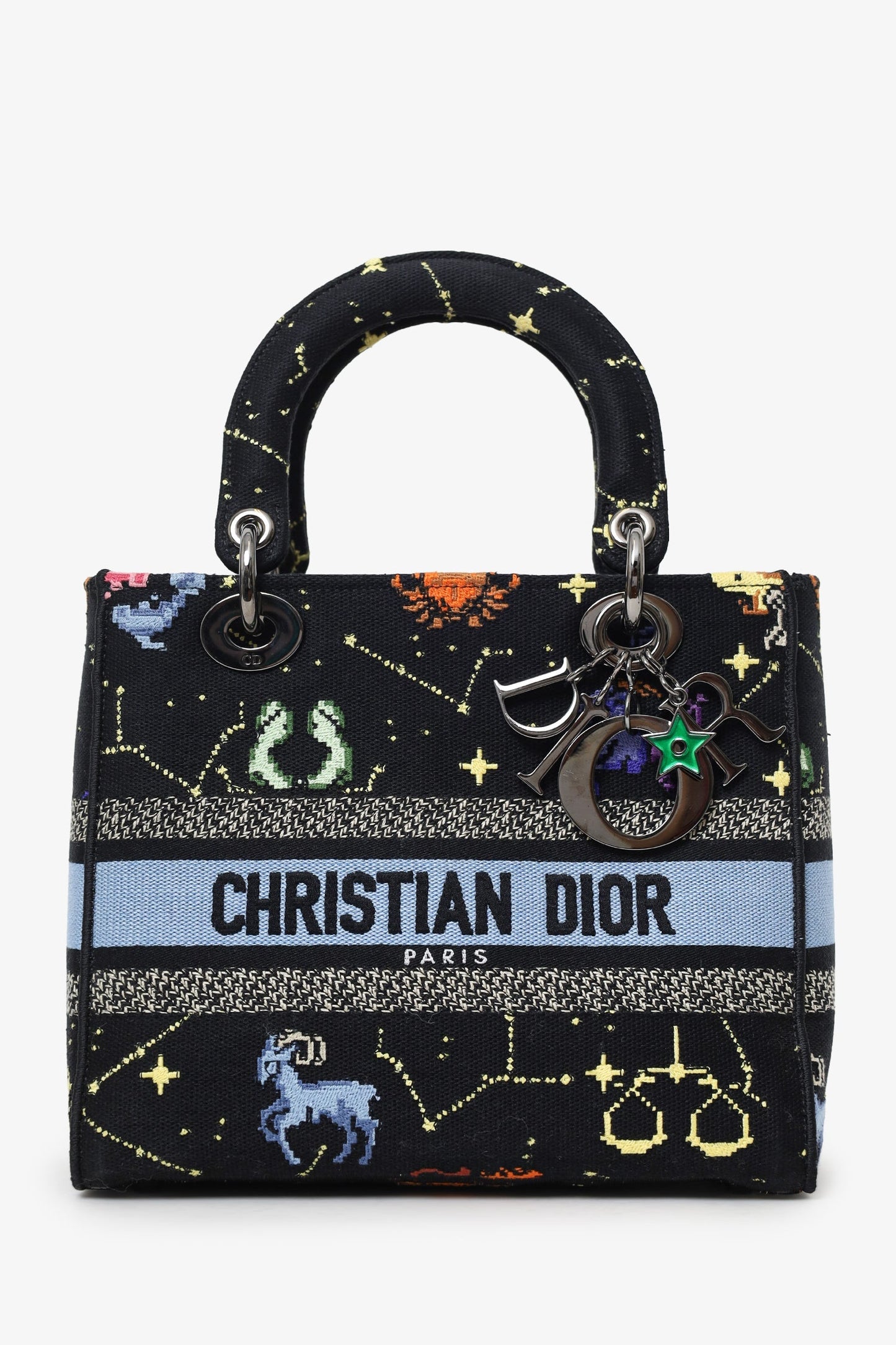 Christian Dior 2022 Black Canvas Pixel Zodiac Embroidered Medium Lady D-Lite With Strap
