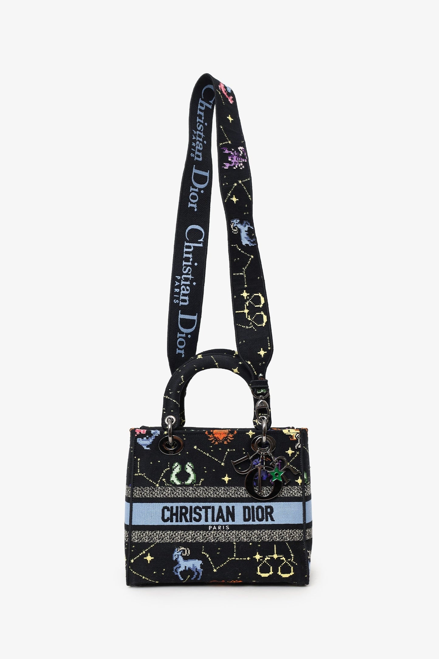 Christian Dior 2022 Black Canvas Pixel Zodiac Embroidered Medium Lady D-Lite With Strap