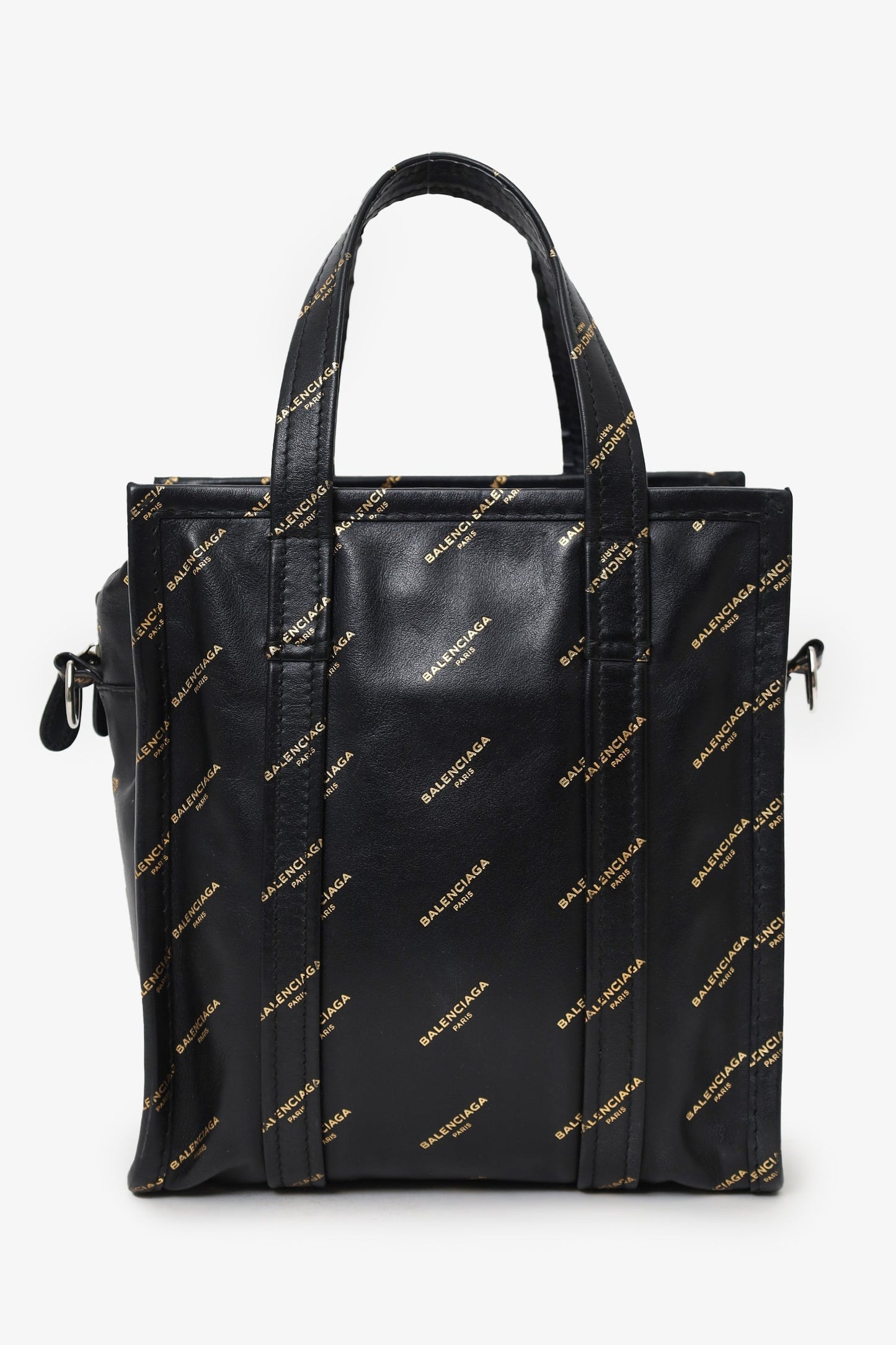 Balenciaga Black Leather/Gold Logo 'Bazar' XS Shopper Tote with Strap
