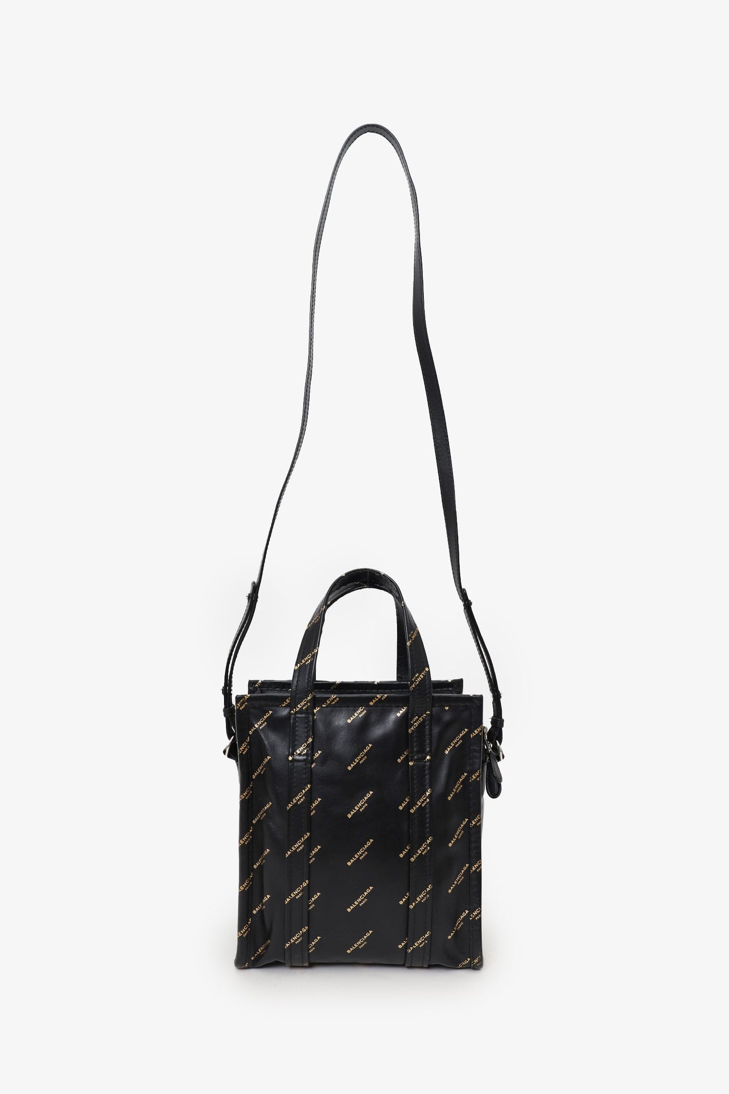 Balenciaga Black Leather/Gold Logo 'Bazar' XS Shopper Tote with Strap