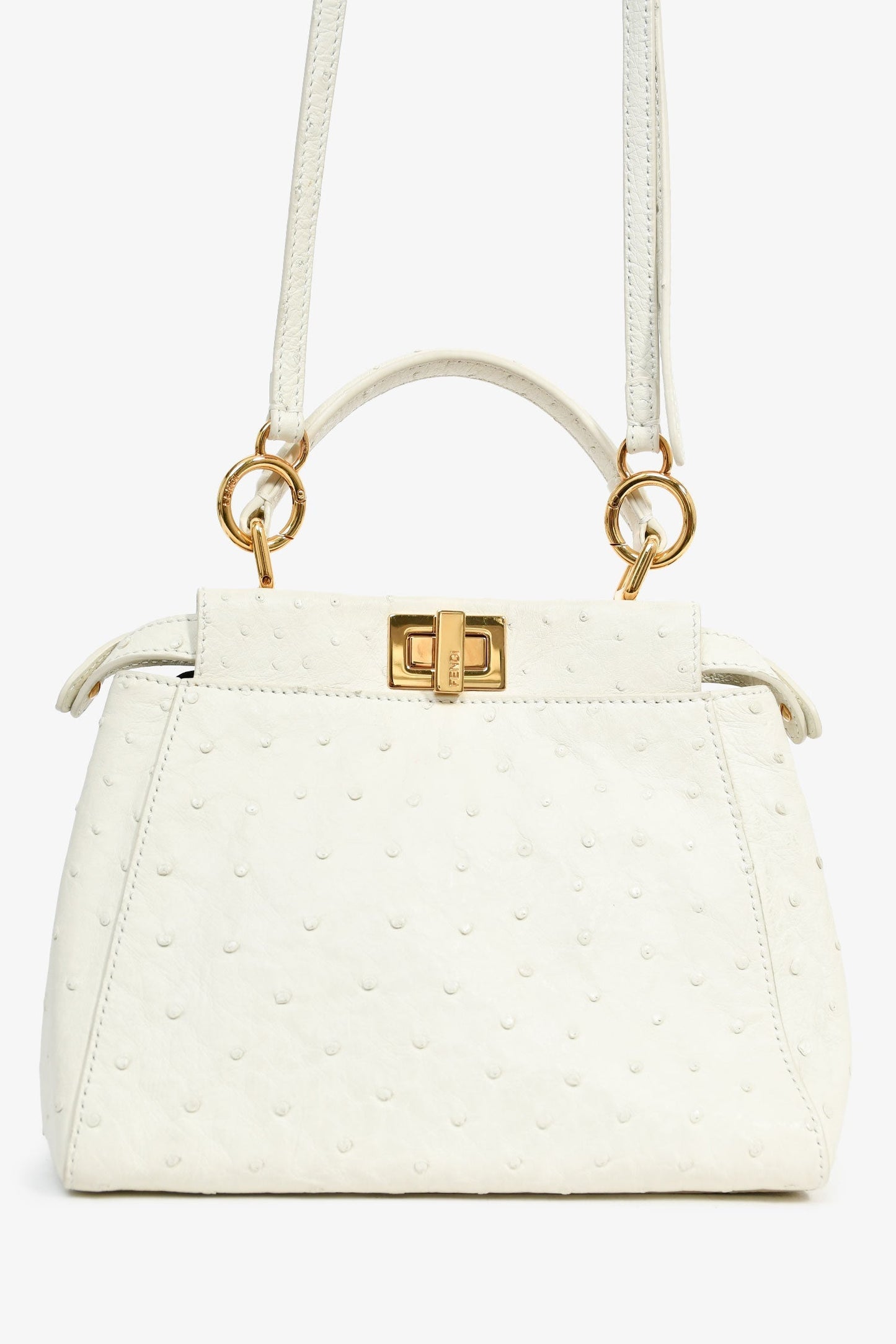 Fendi White Ostrich Leather Mini Peekaboo Bag with Strap
