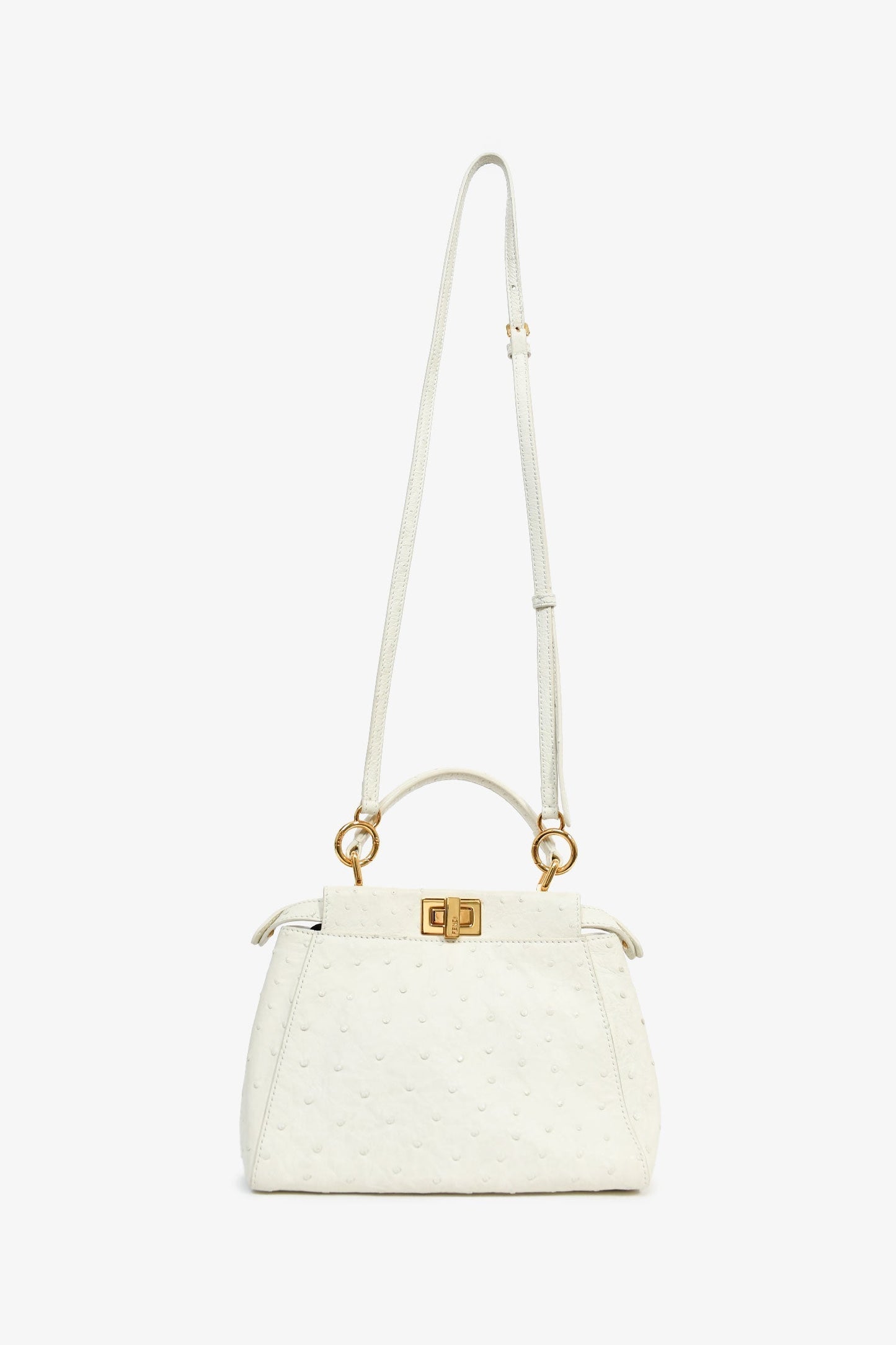 Fendi White Ostrich Leather Mini Peekaboo Bag with Strap