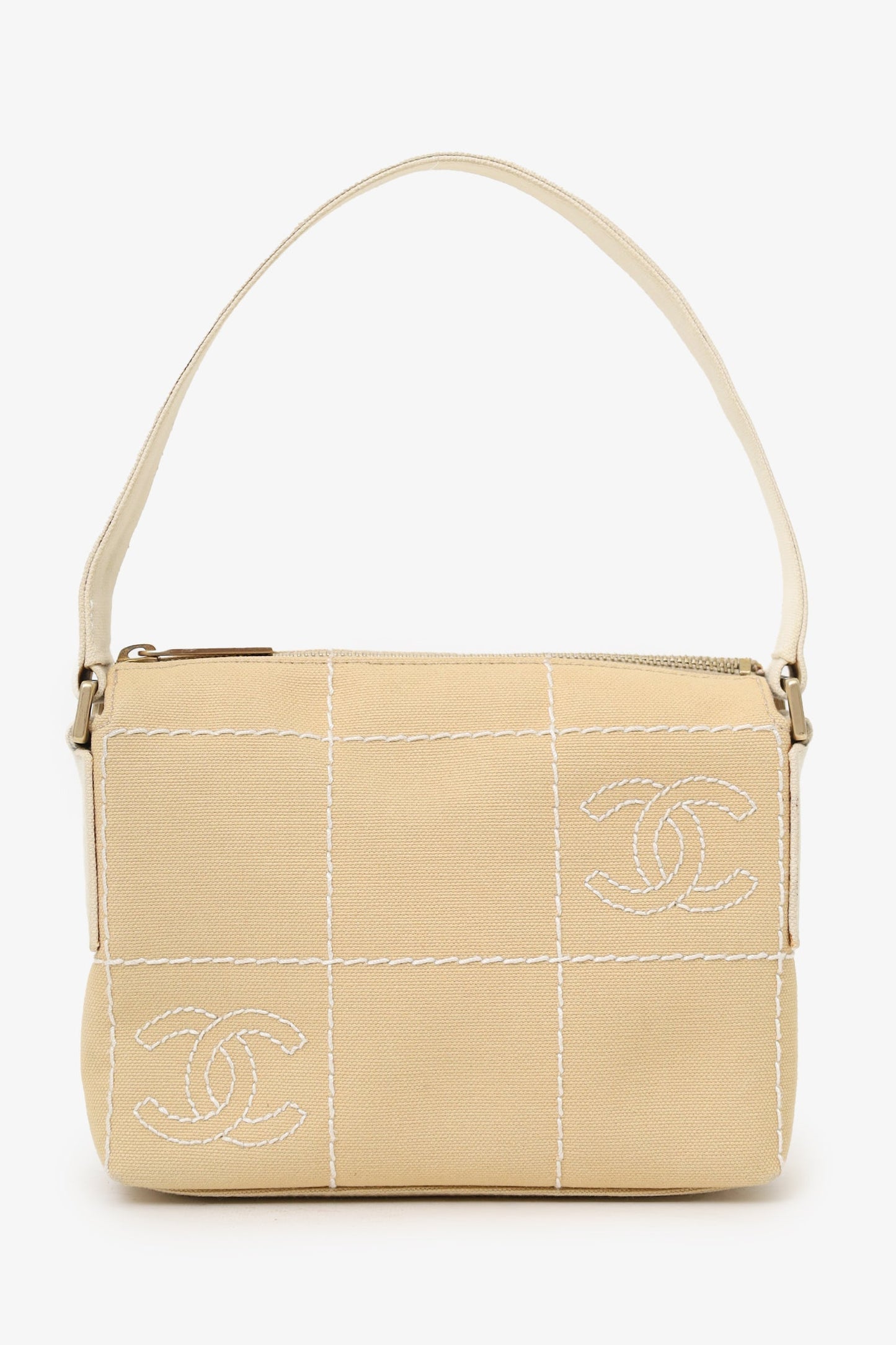 Chanel™ 2003-04 Beige Canvas Chocolate Bar Mini Pochette