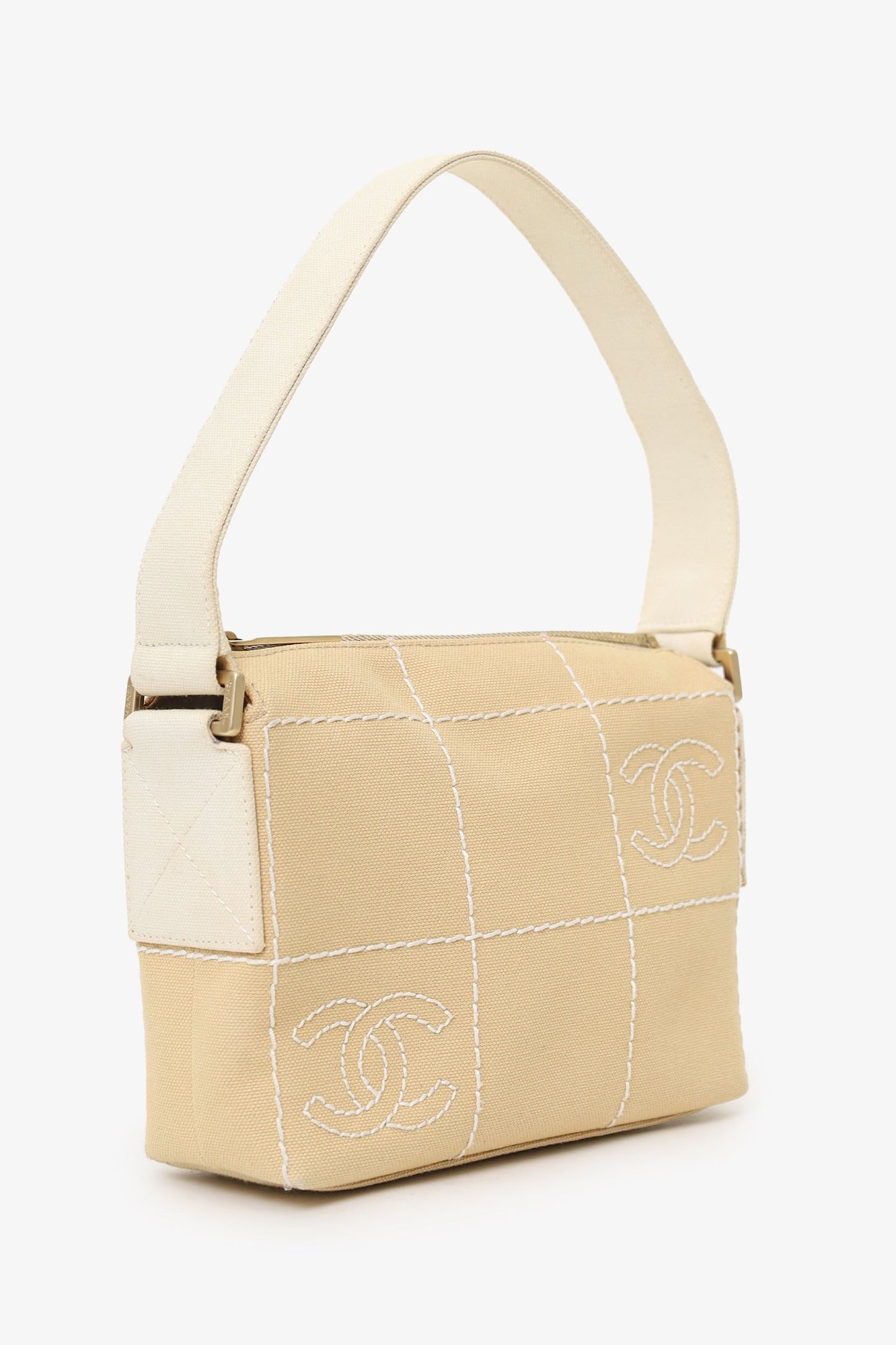 Chanel™ 2003-04 Beige Canvas Chocolate Bar Mini Pochette