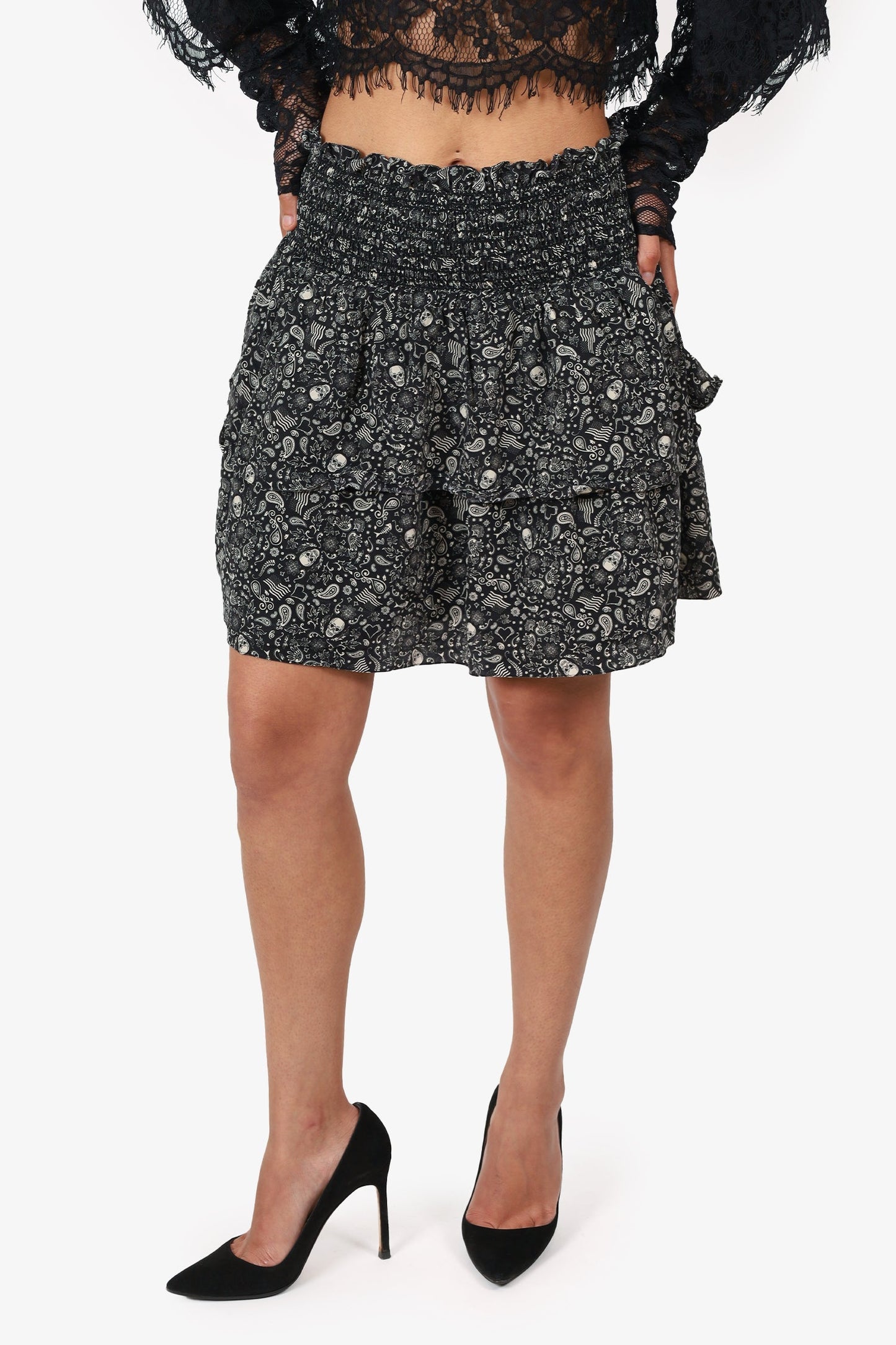 Saint Laurent Black/White Printed Ruffle Mini Skirt Size 40