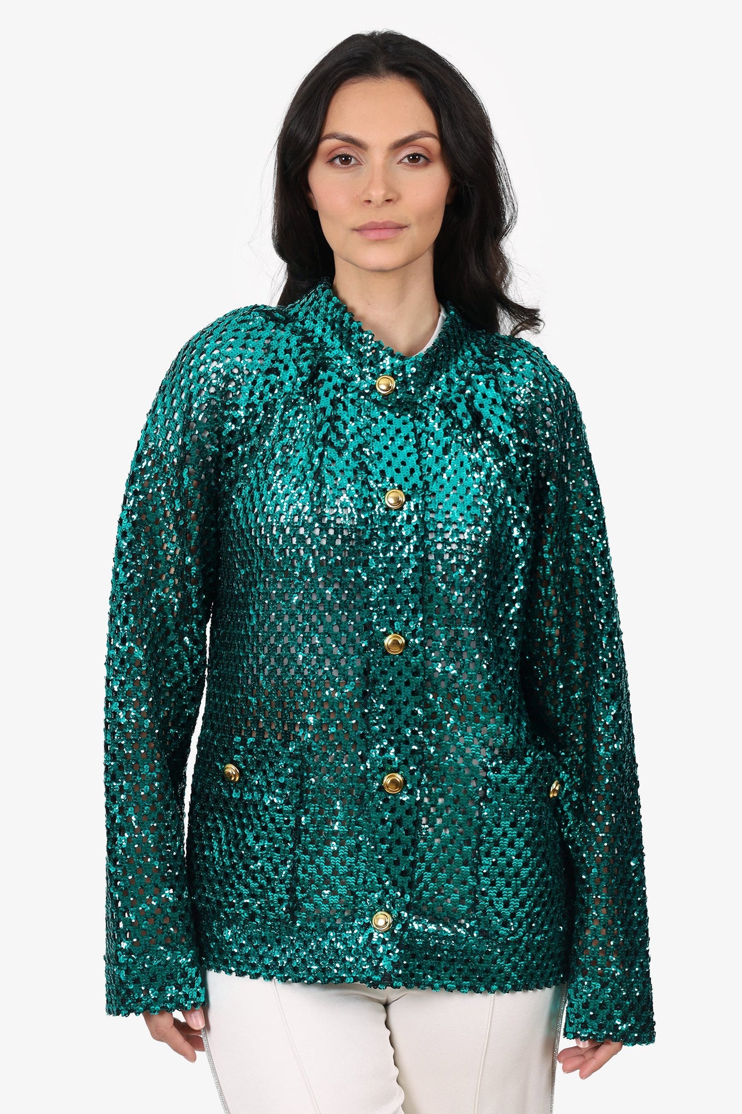 Gucci Green Sequin Gold Button Jacket Size S