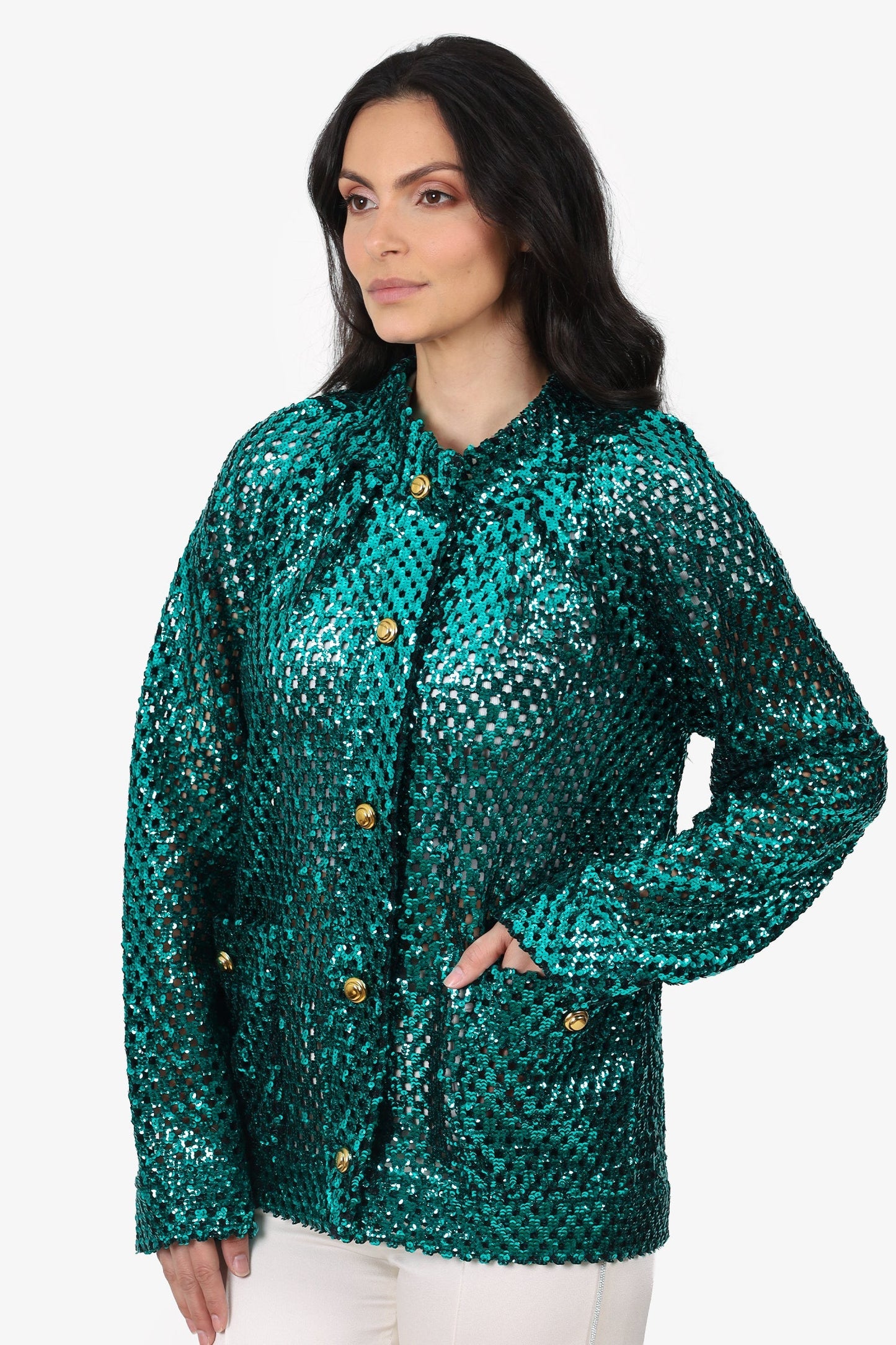 Gucci Green Sequin Gold Button Jacket Size S