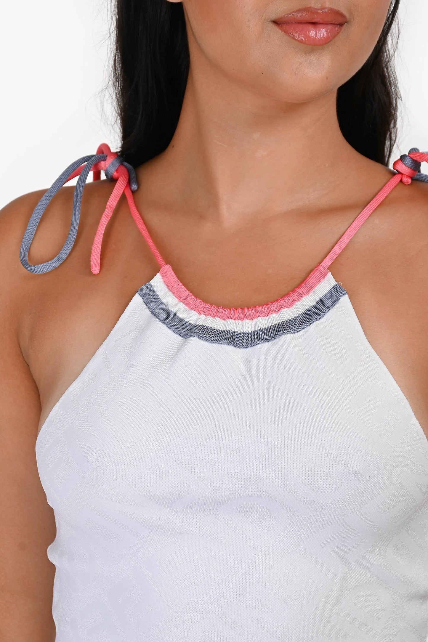 Fendi White/Pink/Blue Knit Logo Sleeveless Halter Neck Mini Dress Size 38