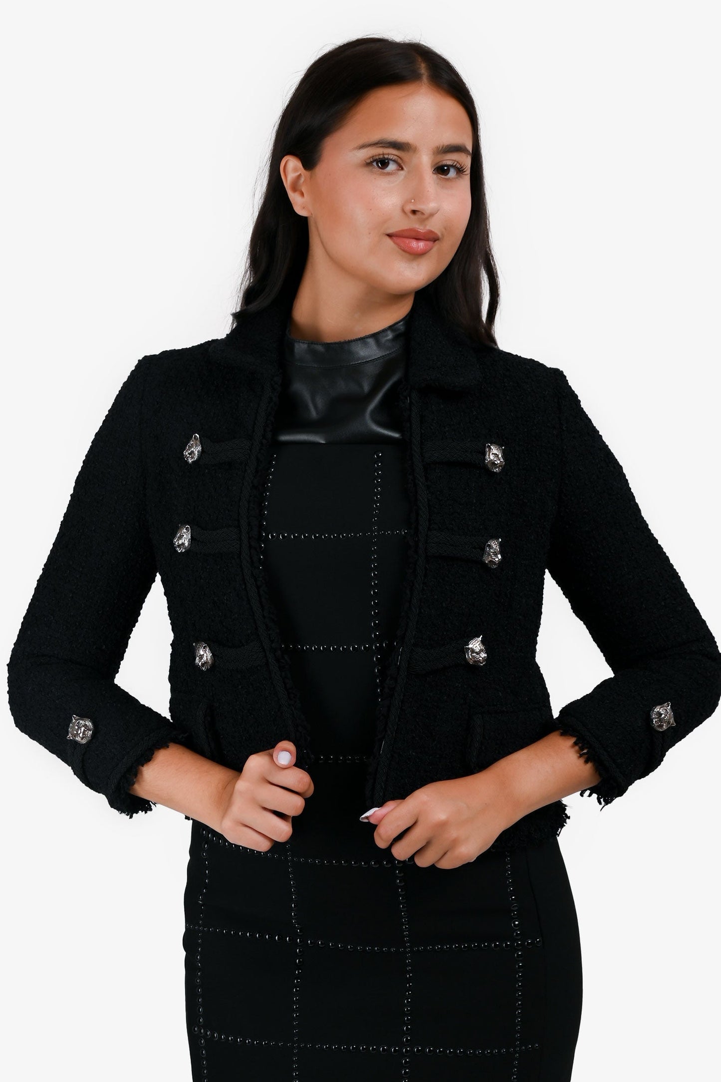 Gucci 2015 Black Tweed Tiger Button Military Jacket Size 38