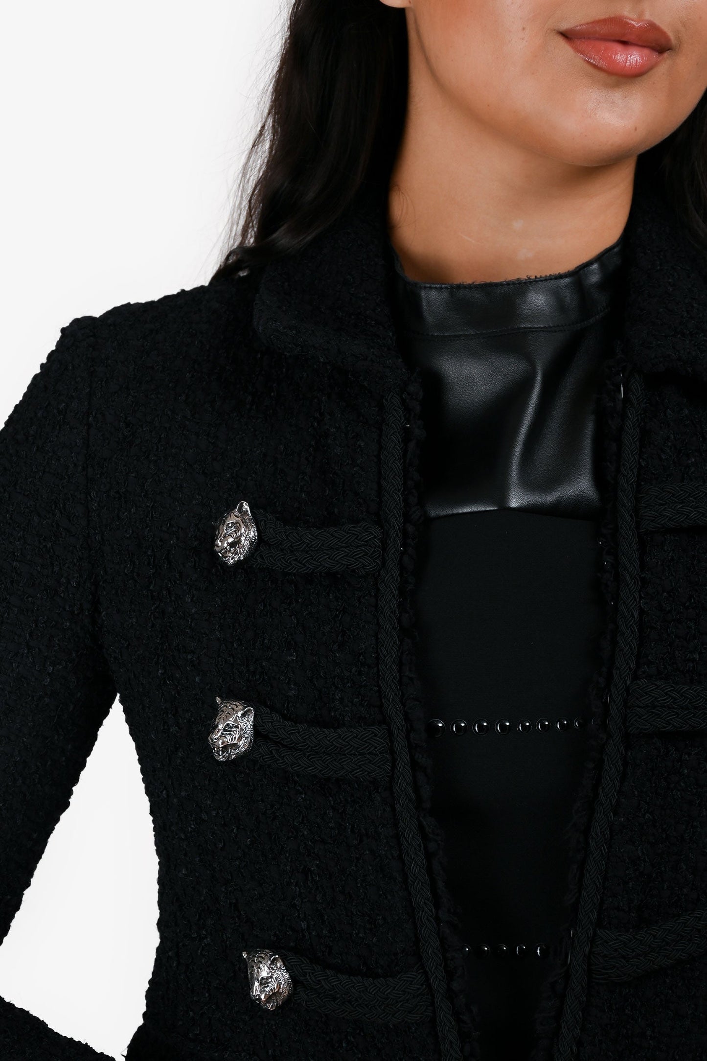 Gucci 2015 Black Tweed Tiger Button Military Jacket Size 38
