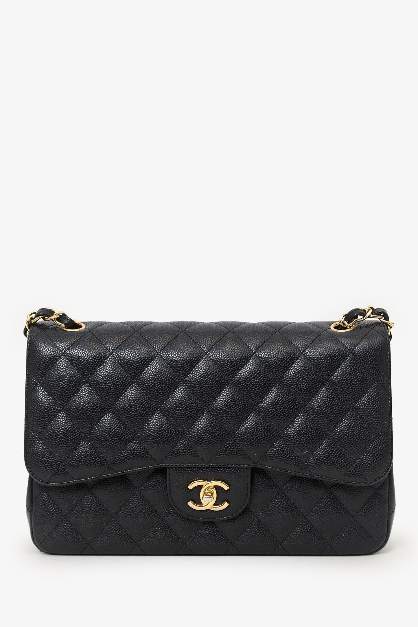 Chanel™ 2019 Black Caviar Leather Jumbo Double Flap Should Bag