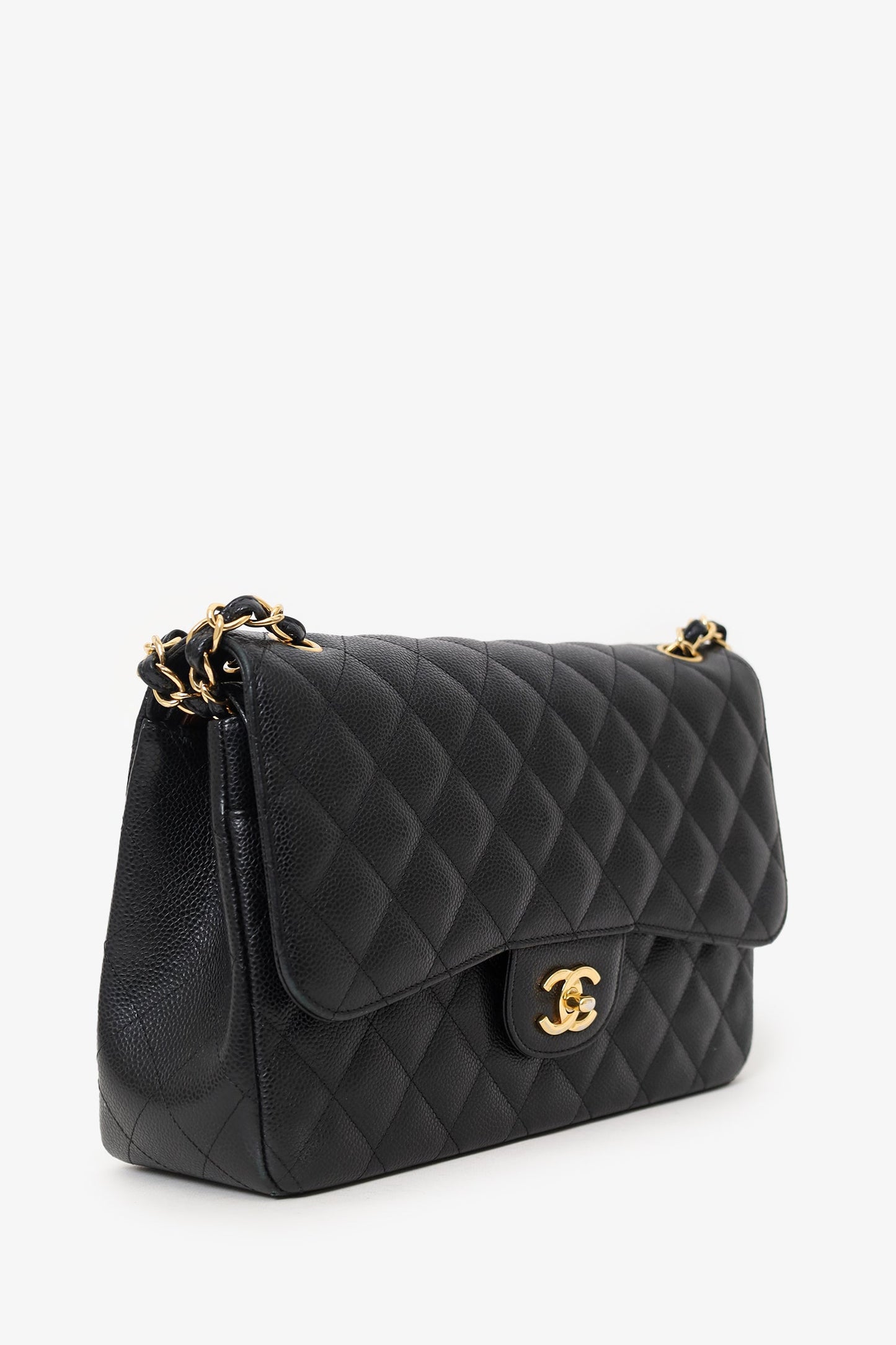 Chanel™ 2019 Black Caviar Leather Jumbo Double Flap Should Bag